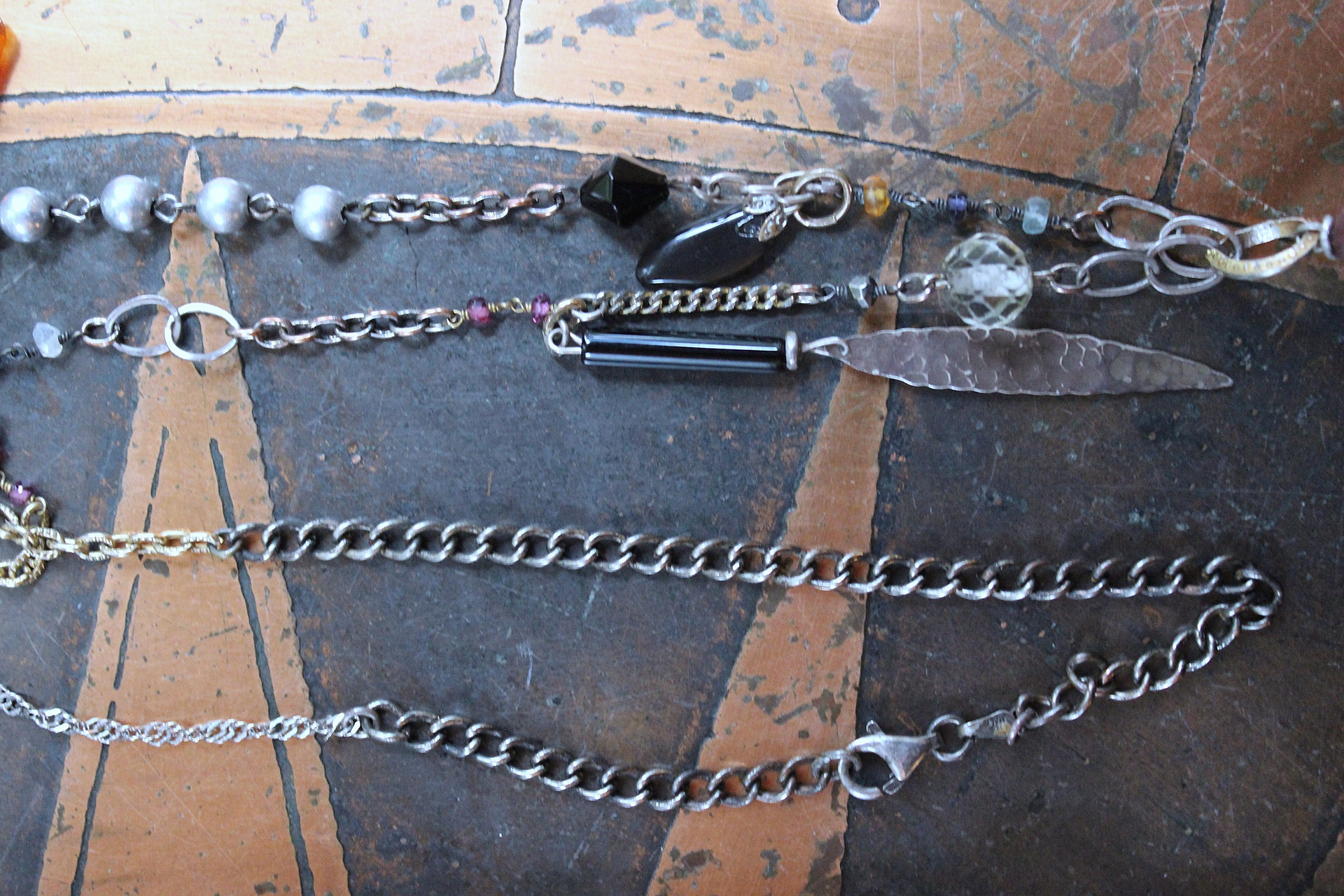 NEW! Antique Hmong Textile Cuff Bracelet & Necklace Set w/Freeform Citrine Point,Vintage Fragment Chain,Hand Stitched Beads