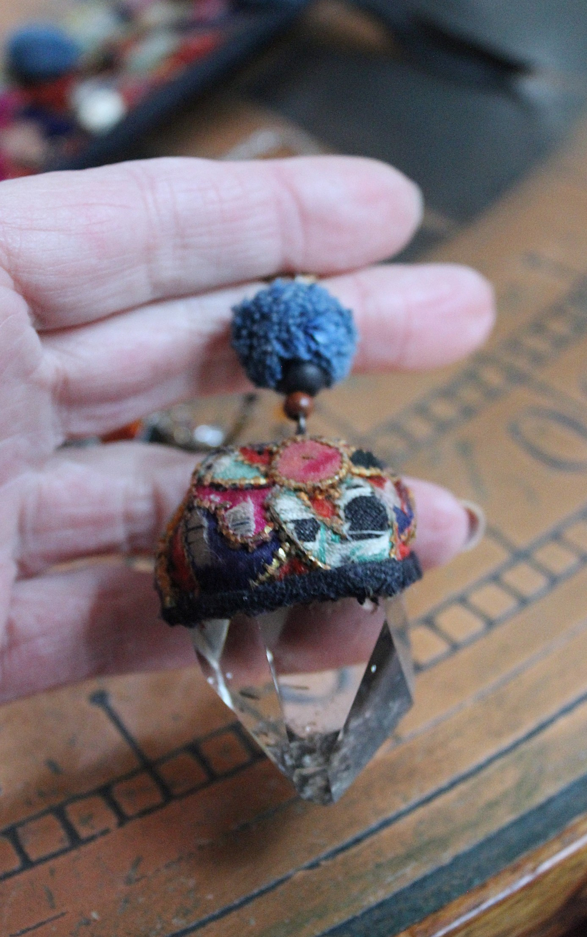 NEW! Antique Hmong Textile Cuff Bracelet & Necklace Set w/Freeform Citrine Point,Vintage Fragment Chain,Hand Stitched Beads