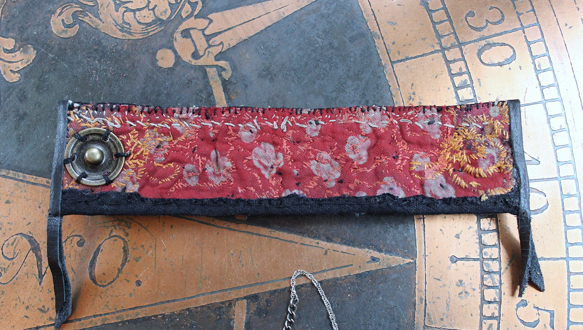 NEW! Antique Hmong Textile Cuff Bracelet & Necklace Set w/Freeform Citrine Point,Vintage Fragment Chain,Hand Stitched Beads