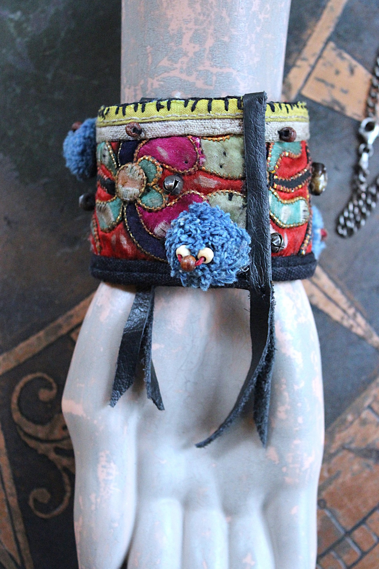 NEW! Antique Hmong Textile Cuff Bracelet & Necklace Set w/Freeform Citrine Point,Vintage Fragment Chain,Hand Stitched Beads