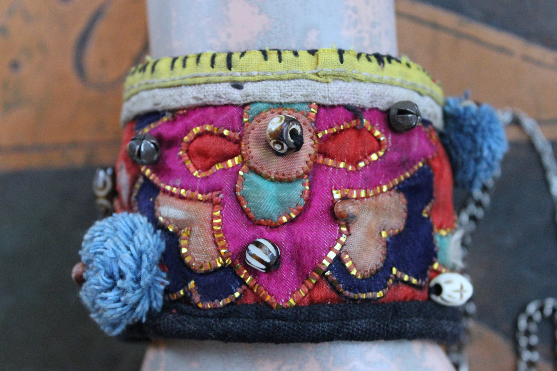 NEW! Antique Hmong Textile Cuff Bracelet & Necklace Set w/Freeform Citrine Point,Vintage Fragment Chain,Hand Stitched Beads