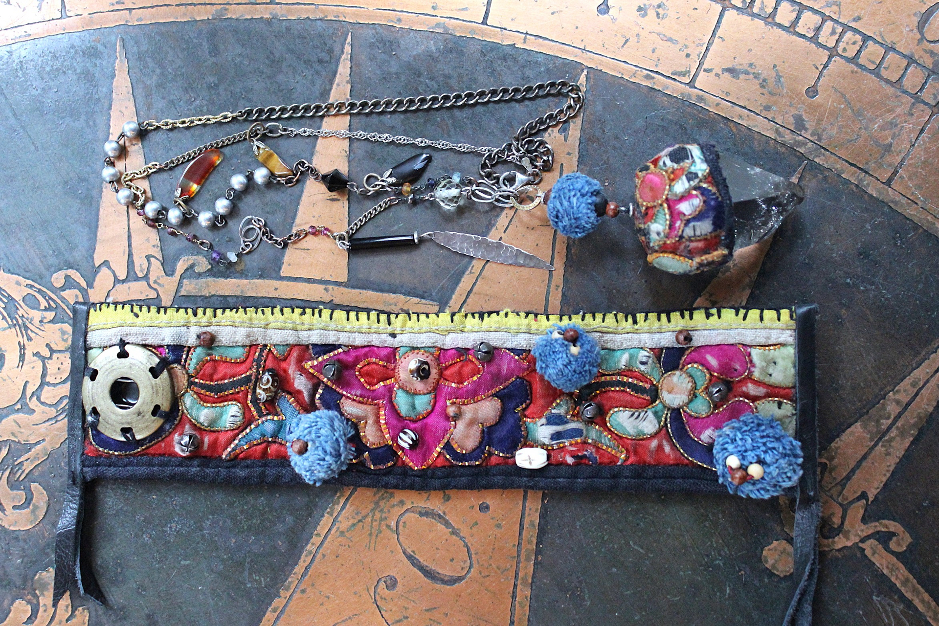 NEW! Antique Hmong Textile Cuff Bracelet & Necklace Set w/Freeform Citrine Point,Vintage Fragment Chain,Hand Stitched Beads