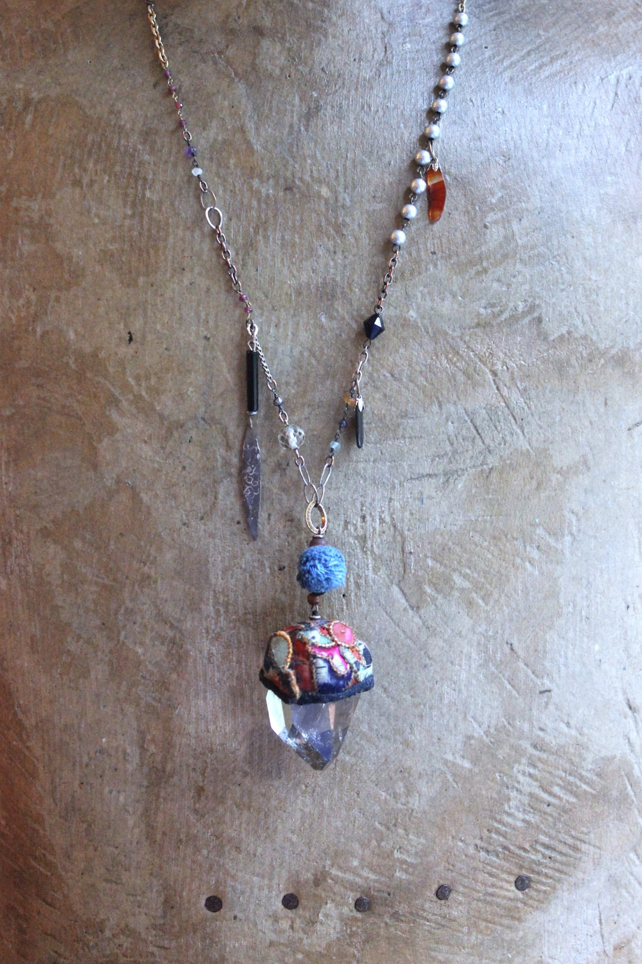 NEW! Antique Hmong Textile Cuff Bracelet & Necklace Set w/Freeform Citrine Point,Vintage Fragment Chain,Hand Stitched Beads