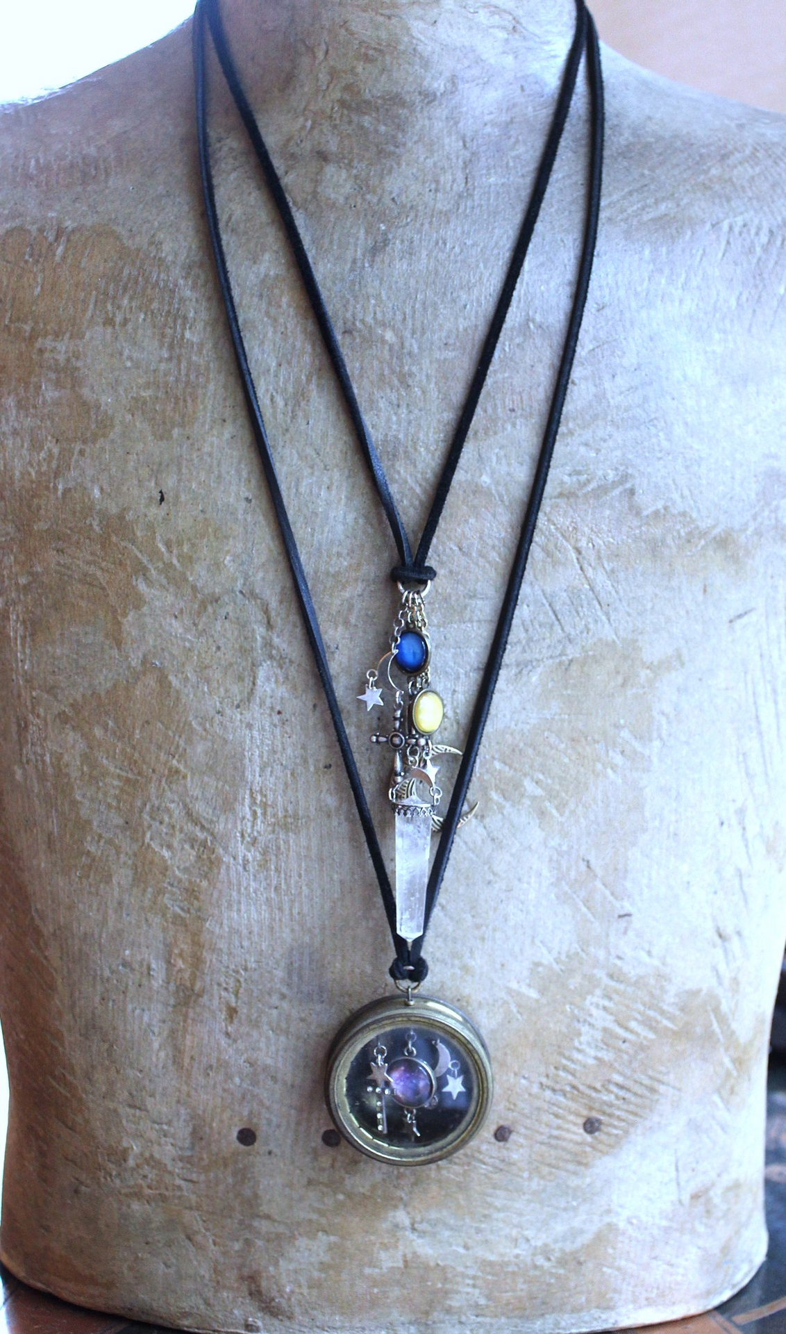 NEW! Divine Cosmos Necklace Set with Antique Pocket Watch Case, Sterling Moons and Stars,Sterling Capped Clear Rock Quartz Point