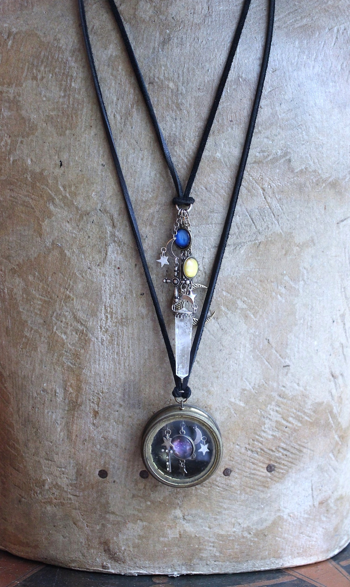 NEW! Divine Cosmos Necklace Set with Antique Pocket Watch Case, Sterling Moons and Stars,Sterling Capped Clear Rock Quartz Point