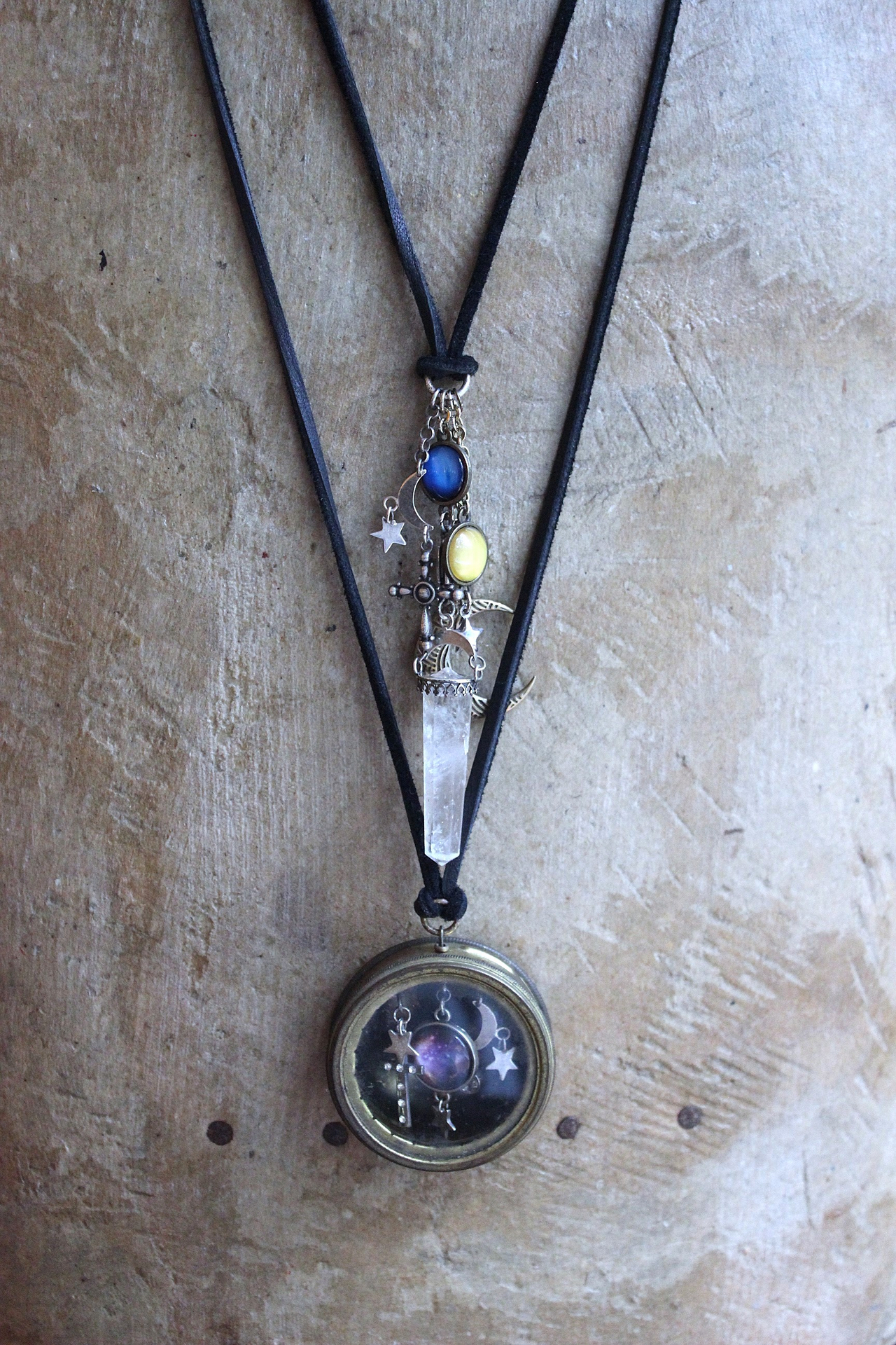 NEW! Divine Cosmos Necklace Set with Antique Pocket Watch Case, Sterling Moons and Stars,Sterling Capped Clear Rock Quartz Point