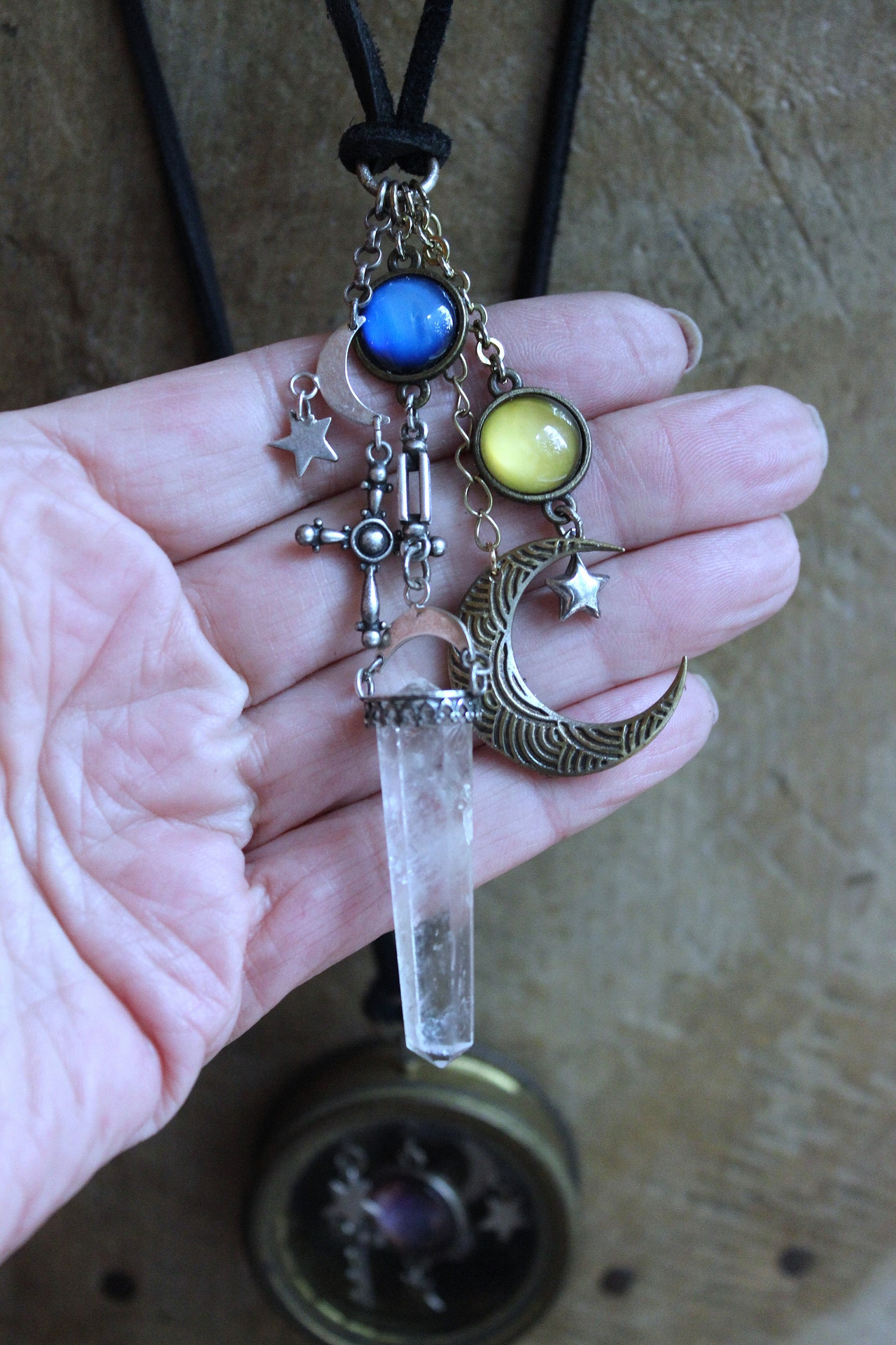 NEW! Divine Cosmos Necklace Set with Antique Pocket Watch Case, Sterling Moons and Stars,Sterling Capped Clear Rock Quartz Point