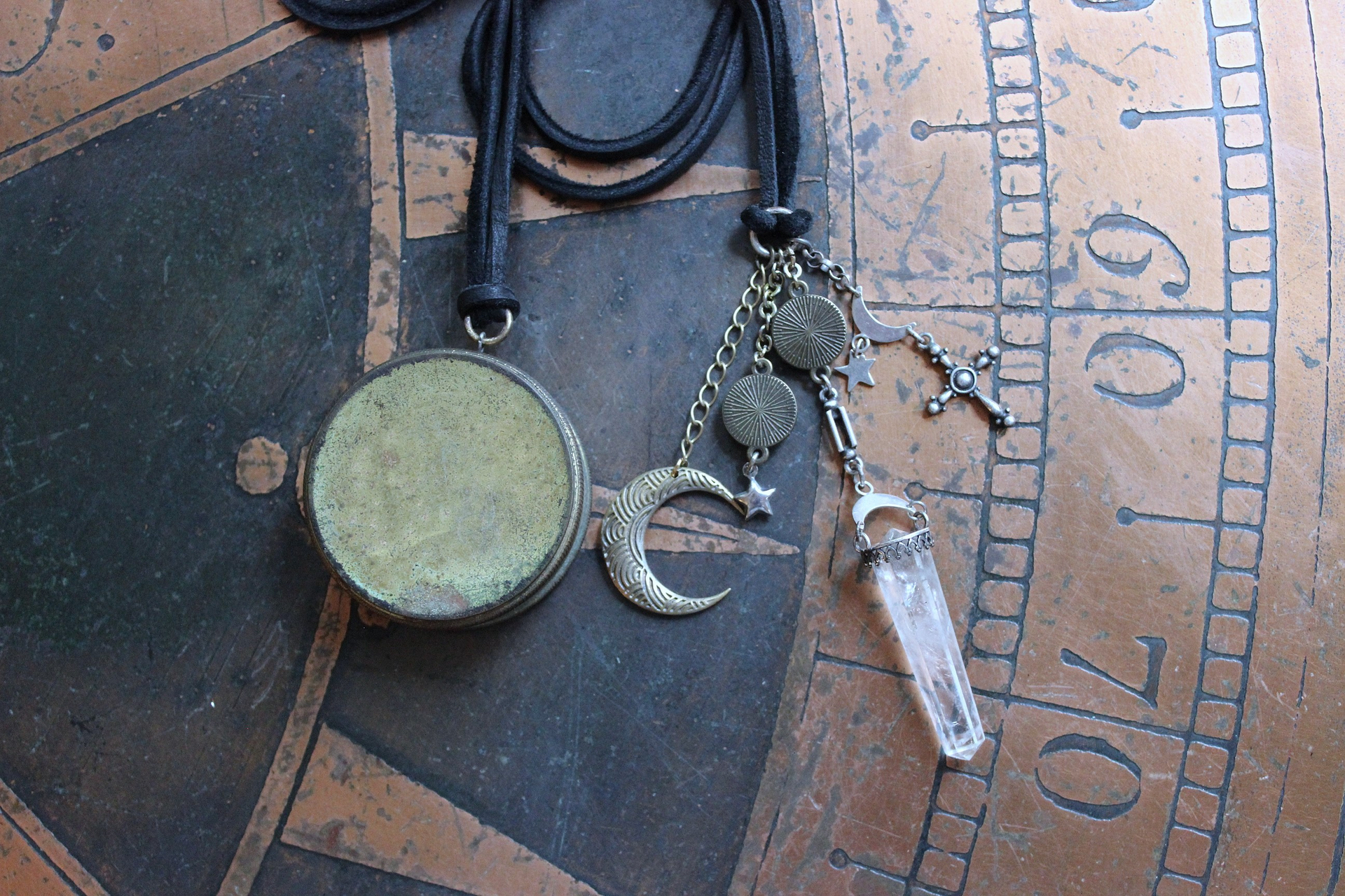 NEW! Divine Cosmos Necklace Set with Antique Pocket Watch Case, Sterling Moons and Stars,Sterling Capped Clear Rock Quartz Point