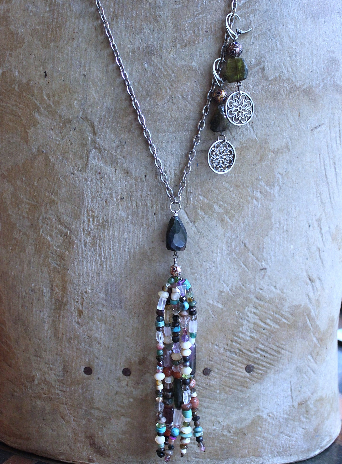 NEW! Multi Gem Tassel Necklace & Earring Set w/Barrel Cut Bi Color,Pink & Green Tourmaline,Antique Enamel Beads, Sterling Findings &  More!