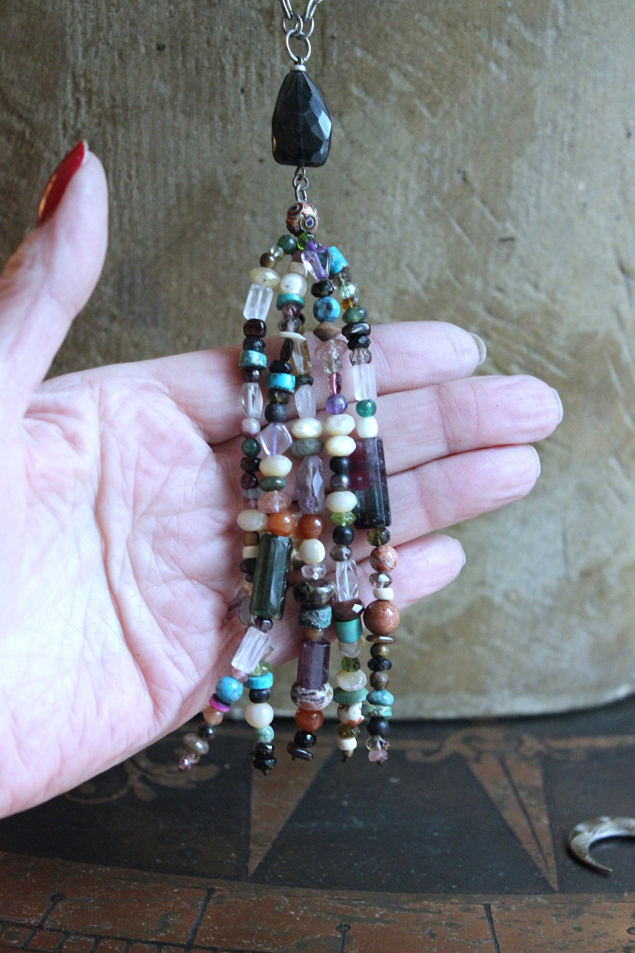 NEW! Multi Gem Tassel Necklace & Earring Set w/Barrel Cut Bi Color,Pink & Green Tourmaline,Antique Enamel Beads, Sterling Findings &  More!
