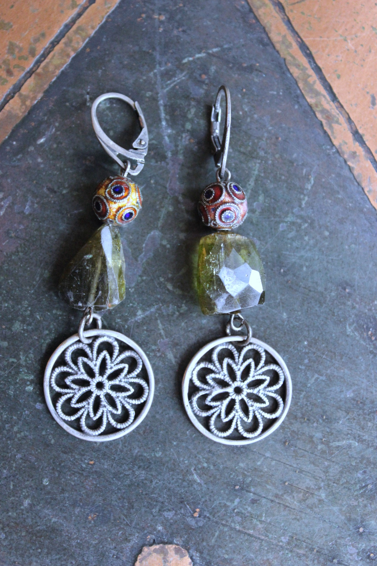 NEW! Multi Gem Tassel Necklace & Earring Set w/Barrel Cut Bi Color,Pink & Green Tourmaline,Antique Enamel Beads, Sterling Findings &  More!