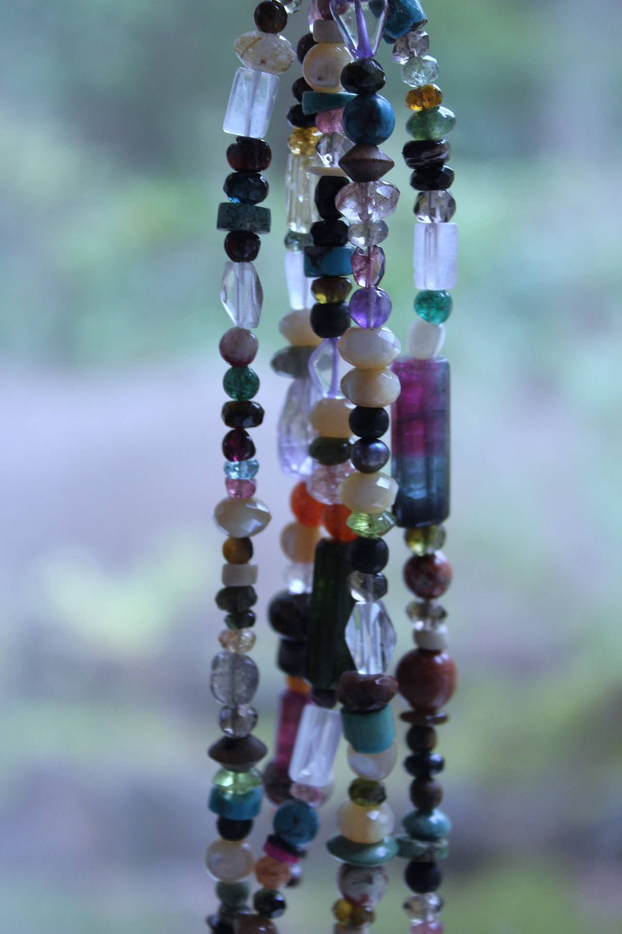 NEW! Multi Gem Tassel Necklace & Earring Set w/Barrel Cut Bi Color,Pink & Green Tourmaline,Antique Enamel Beads, Sterling Findings &  More!