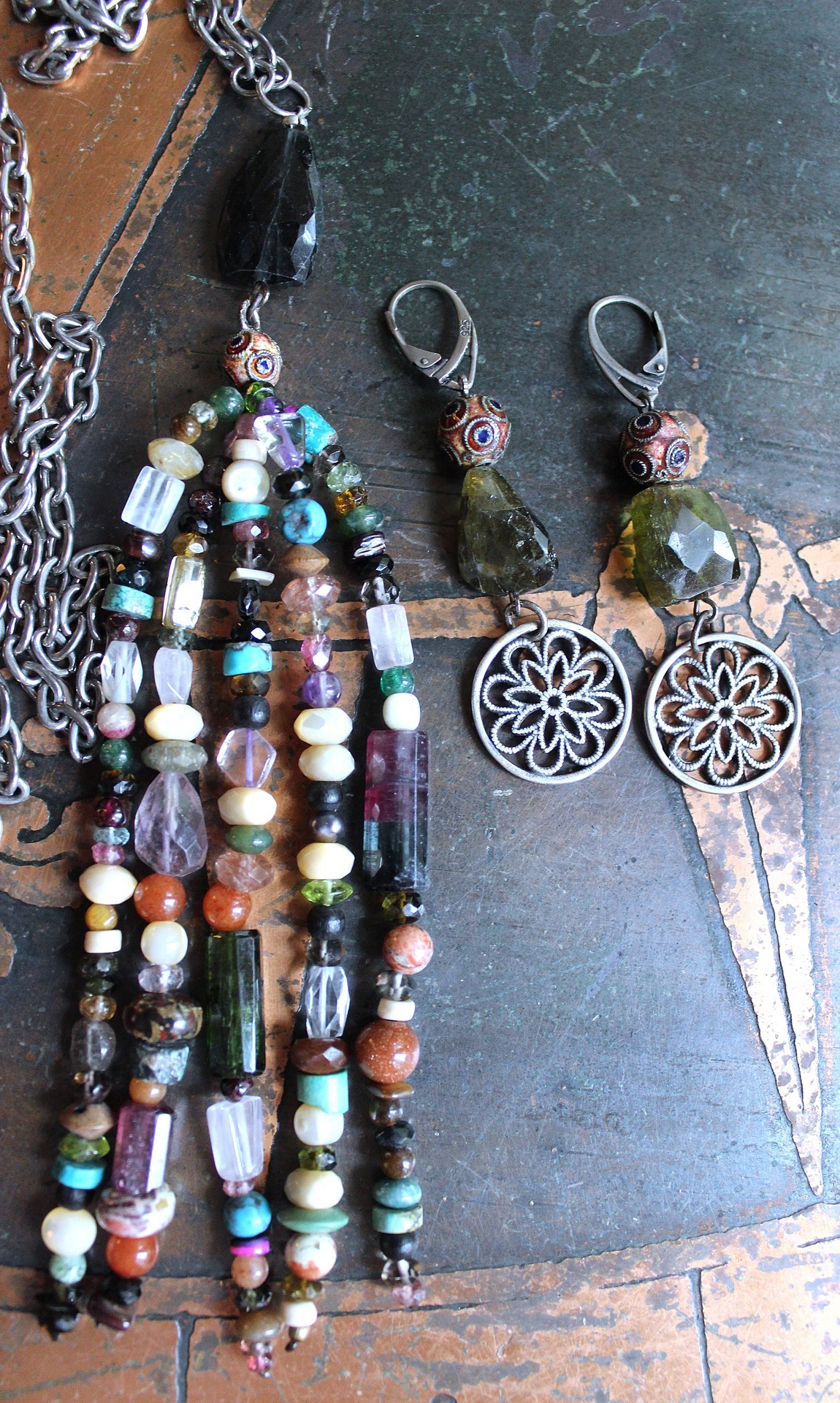NEW! Multi Gem Tassel Necklace & Earring Set w/Barrel Cut Bi Color,Pink & Green Tourmaline,Antique Enamel Beads, Sterling Findings &  More!