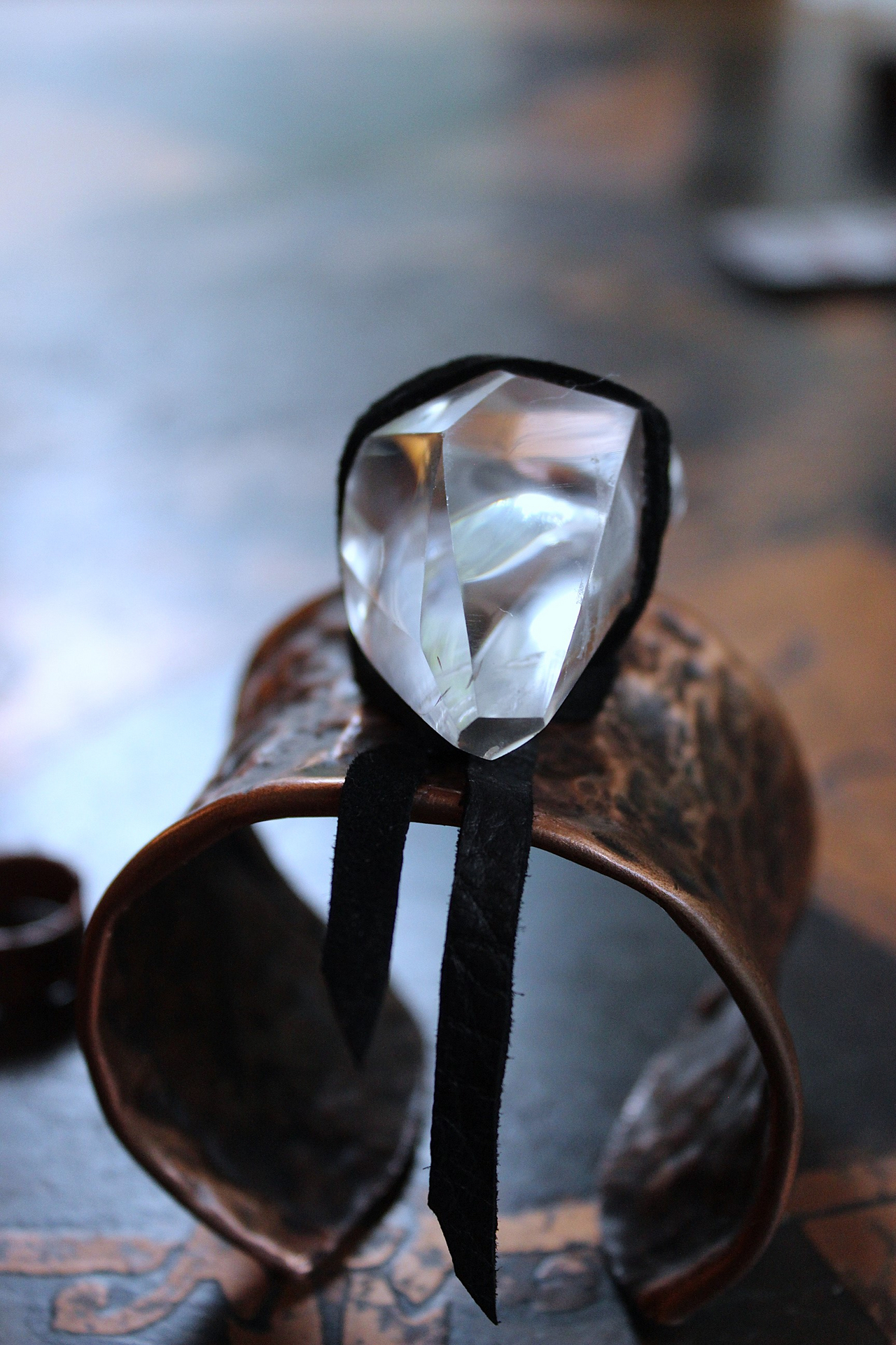 NEW! The Connection Cuff Bracelet & Ring Set with Free Form Clear Rock Quartz, Hand Wrought Hammered Copper Cuff & Ring