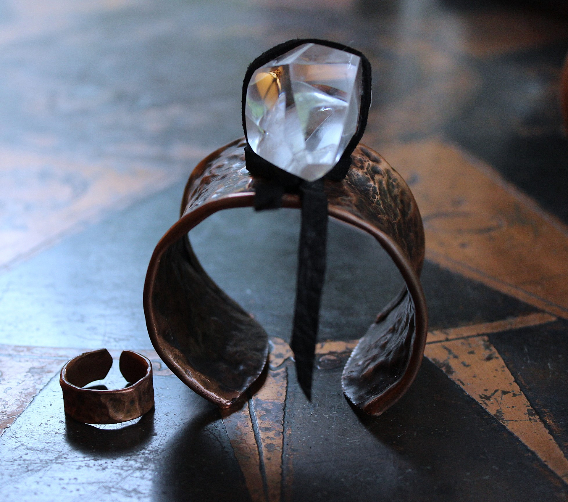NEW! The Connection Cuff Bracelet & Ring Set with Free Form Clear Rock Quartz, Hand Wrought Hammered Copper Cuff & Ring