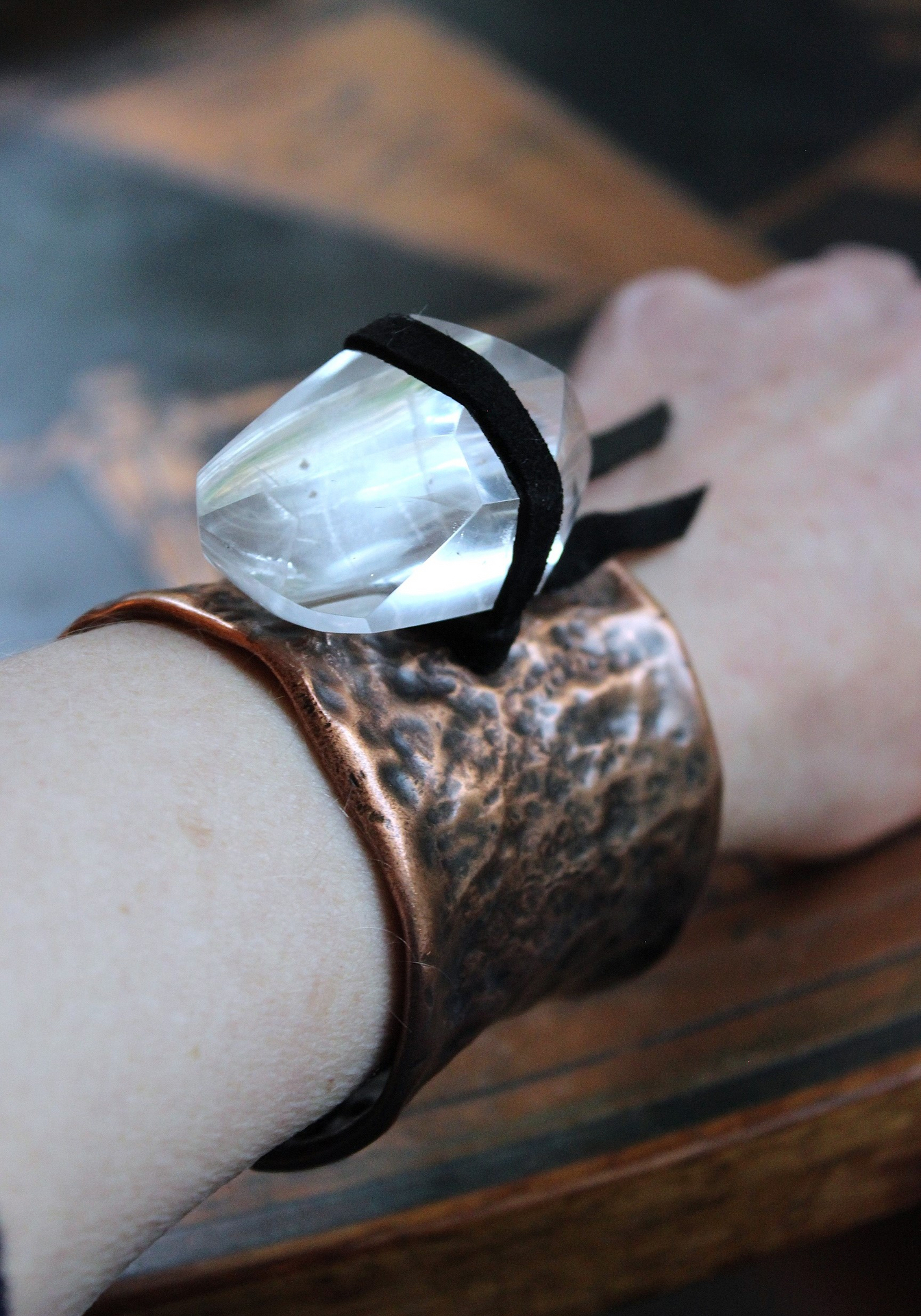 NEW! The Connection Cuff Bracelet & Ring Set with Free Form Clear Rock Quartz, Hand Wrought Hammered Copper Cuff & Ring