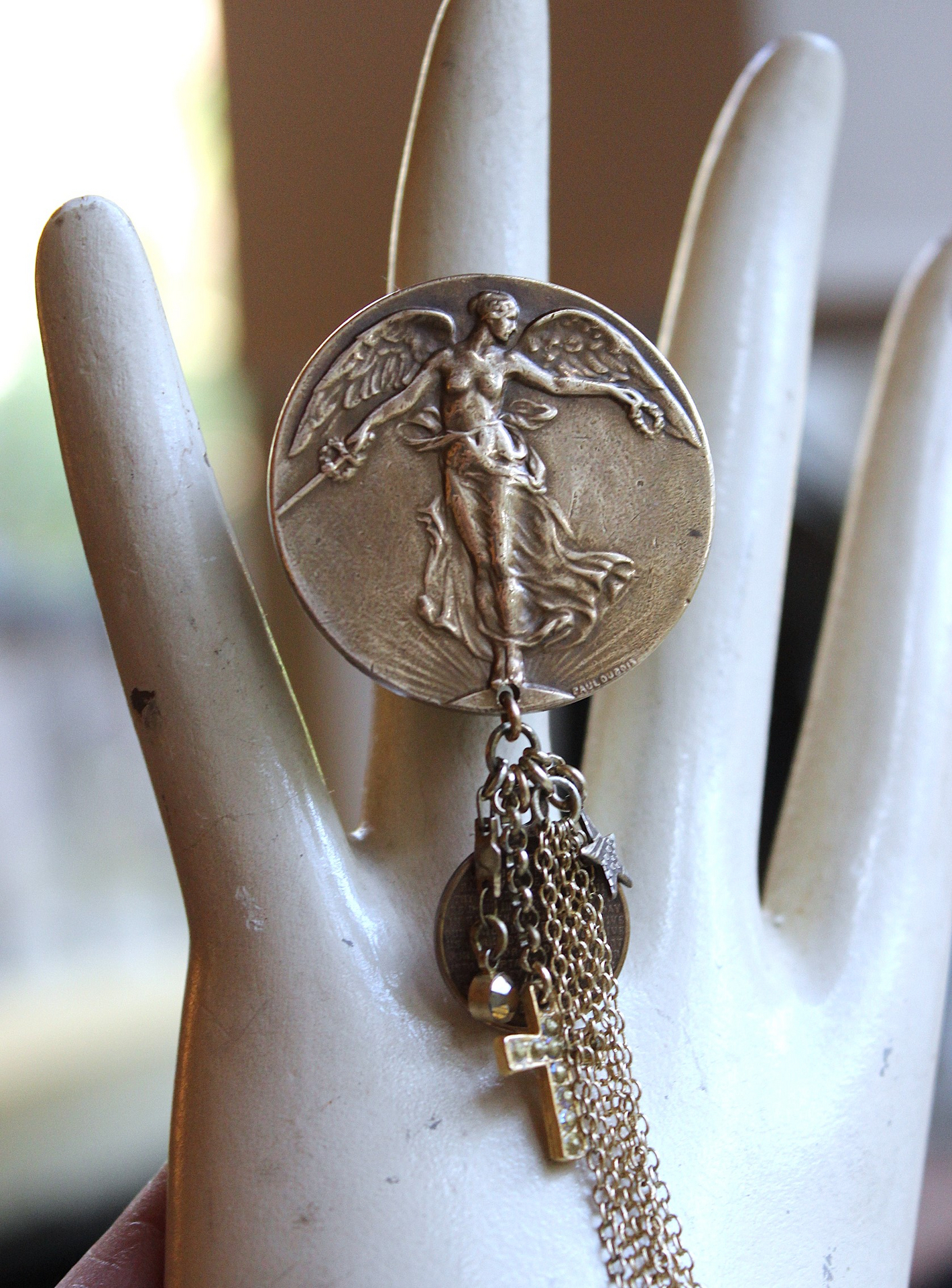 We Rise Bronze Ring with Antique WW1 Victory Medal,Tiny Lord's Prayer Coin,Star, Chain Tassel & Cross