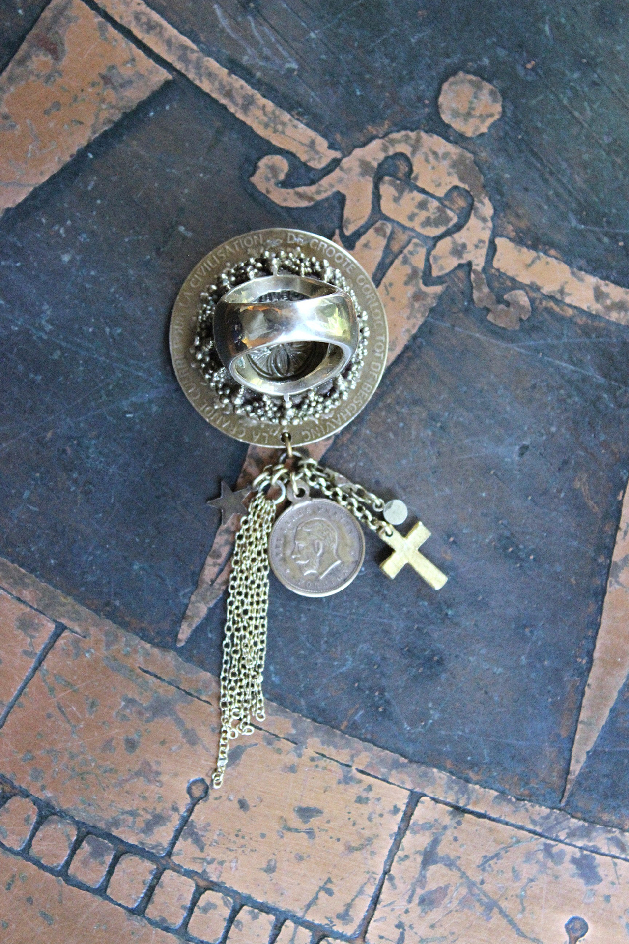 We Rise Bronze Ring with Antique WW1 Victory Medal,Tiny Lord's Prayer Coin,Star, Chain Tassel & Cross