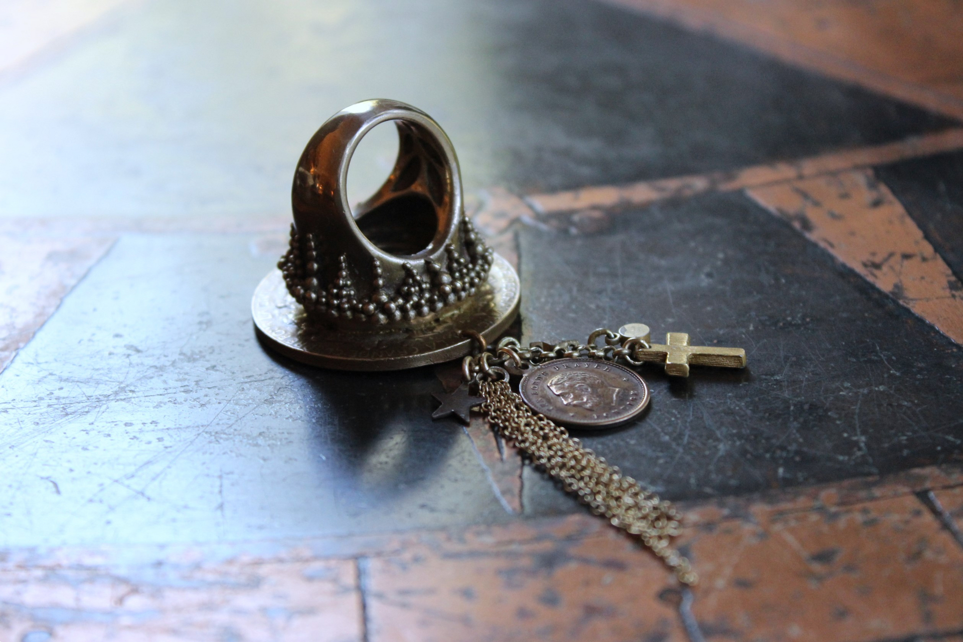 We Rise Bronze Ring with Antique WW1 Victory Medal,Tiny Lord's Prayer Coin,Star, Chain Tassel & Cross