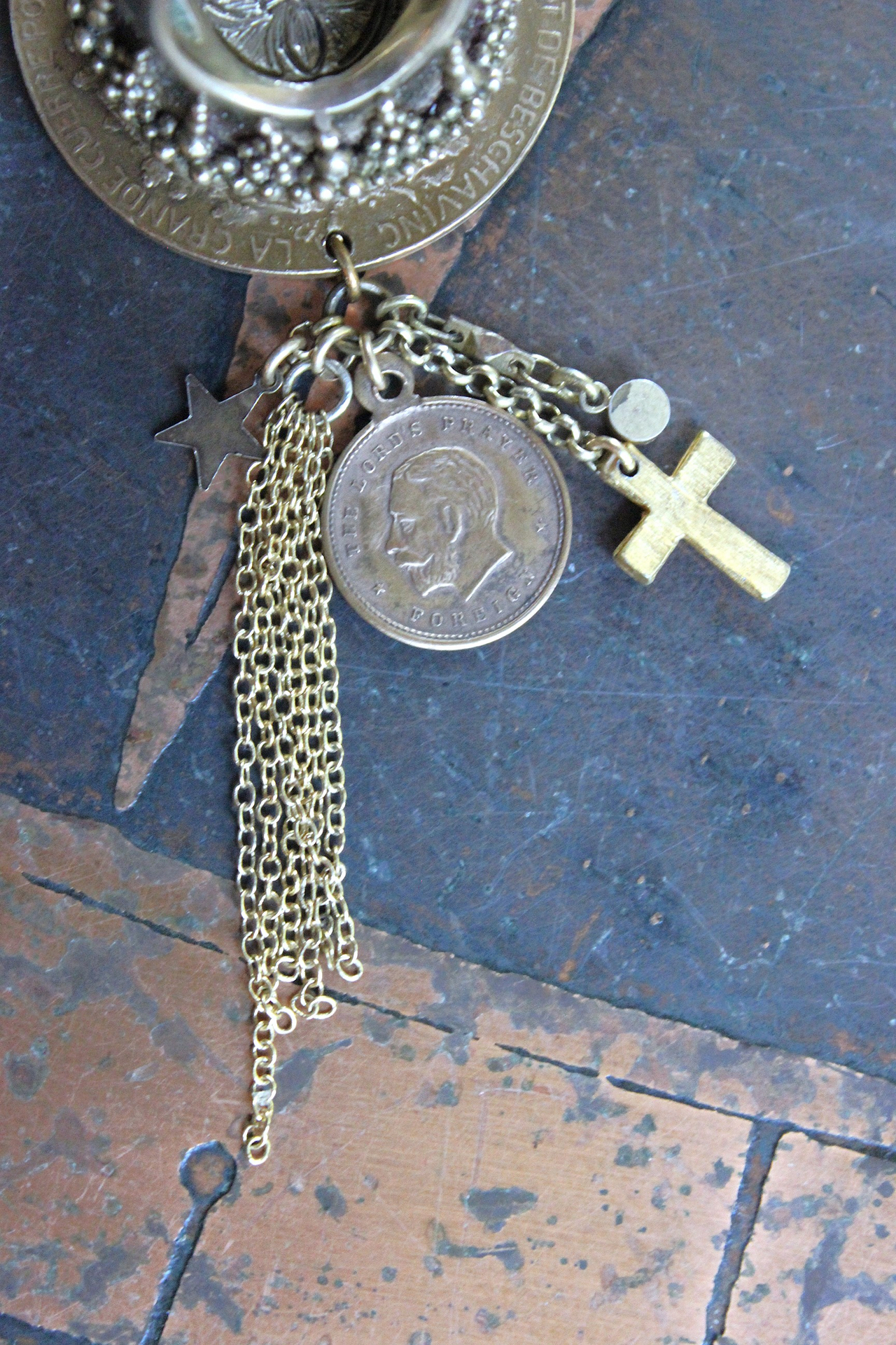 We Rise Bronze Ring with Antique WW1 Victory Medal,Tiny Lord's Prayer Coin,Star, Chain Tassel & Cross