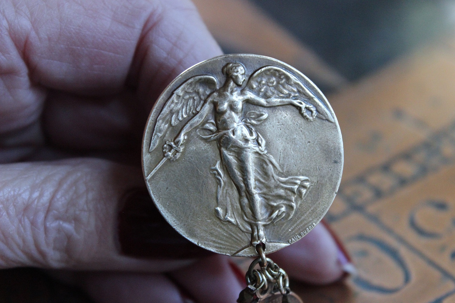 We Rise Bronze Ring with Antique WW1 Victory Medal,Tiny Lord's Prayer Coin,Star, Chain Tassel & Cross