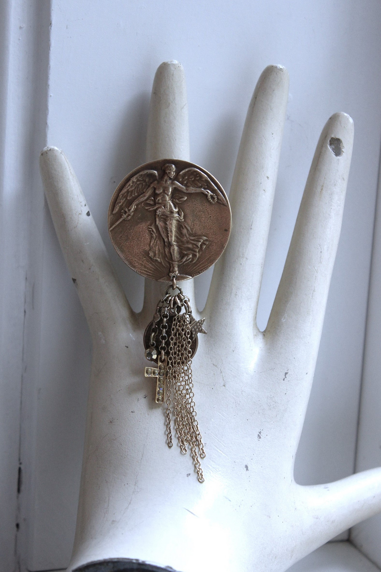 We Rise Bronze Ring with Antique WW1 Victory Medal,Tiny Lord's Prayer Coin,Star, Chain Tassel & Cross