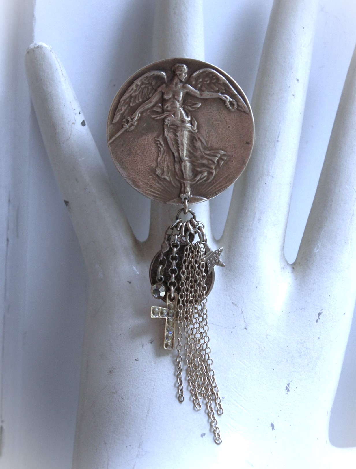 We Rise Bronze Ring with Antique WW1 Victory Medal,Tiny Lord's Prayer Coin,Star, Chain Tassel & Cross