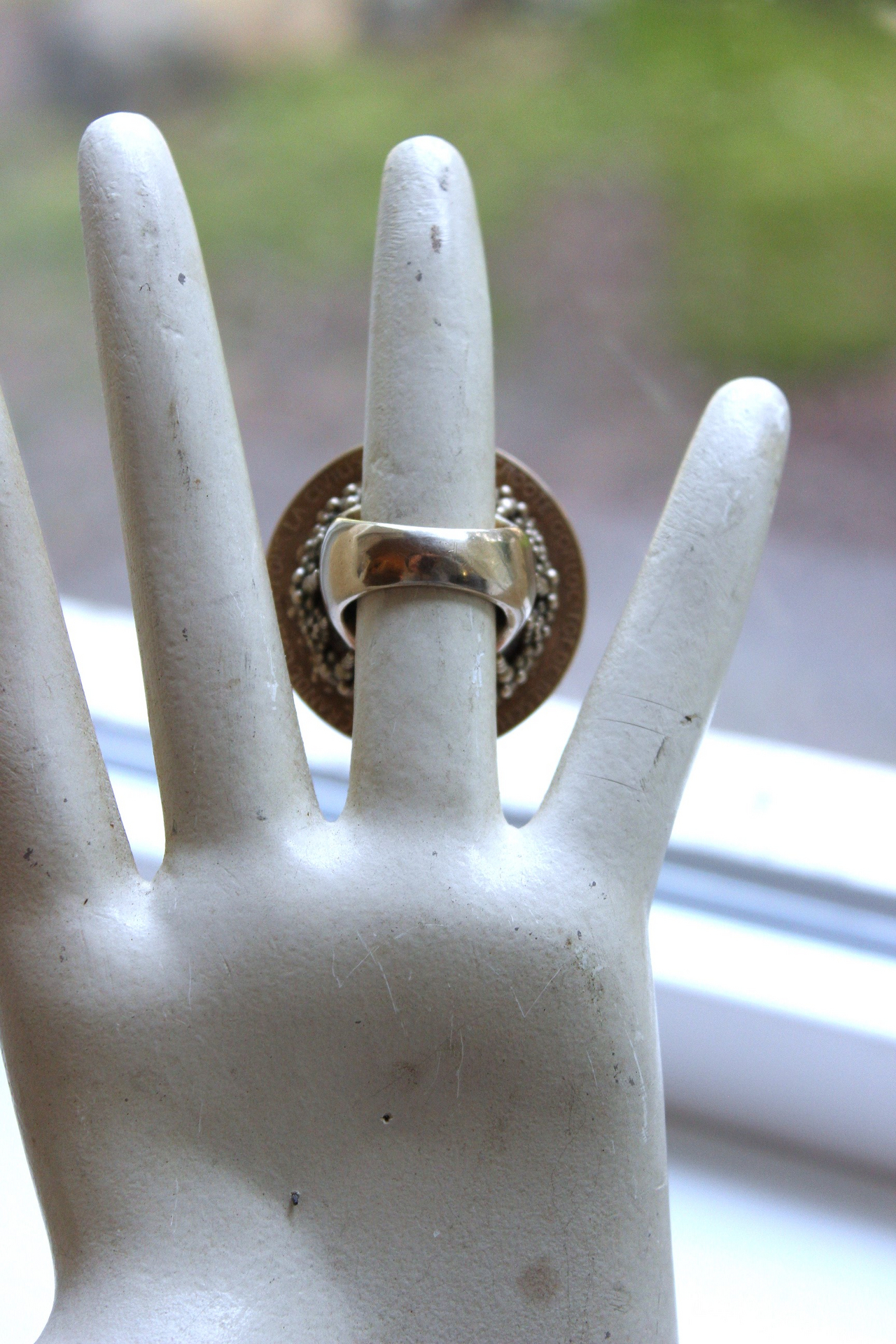 We Rise Bronze Ring with Antique WW1 Victory Medal,Tiny Lord's Prayer Coin,Star, Chain Tassel & Cross