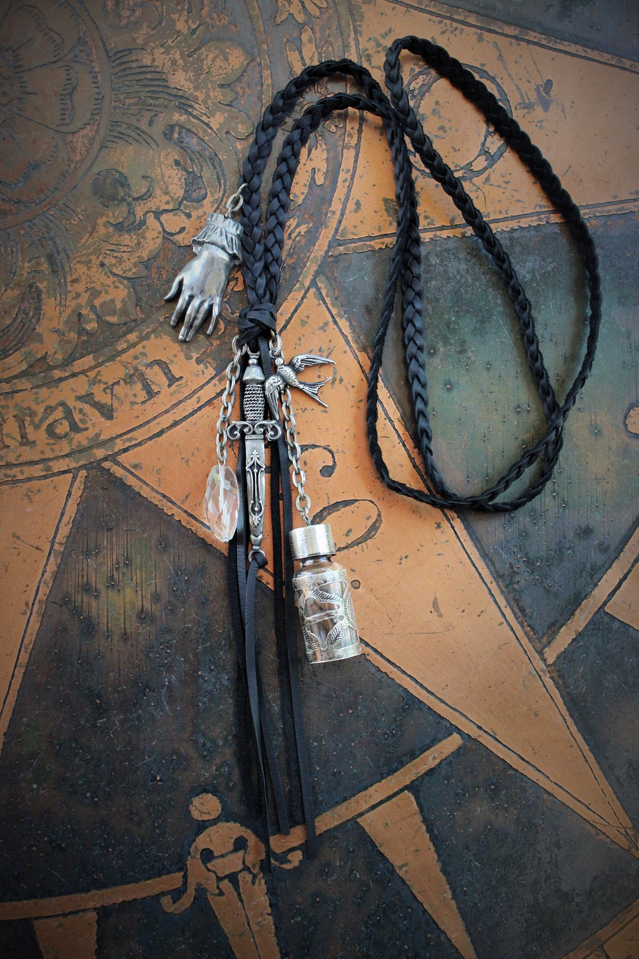 The Wound Necklace w/Long Soft Braided Suede Leather,Antique Sterling Oil/Prayer Vessel,Figural Hand,Bird,Sword + Faceted Rock Crystal