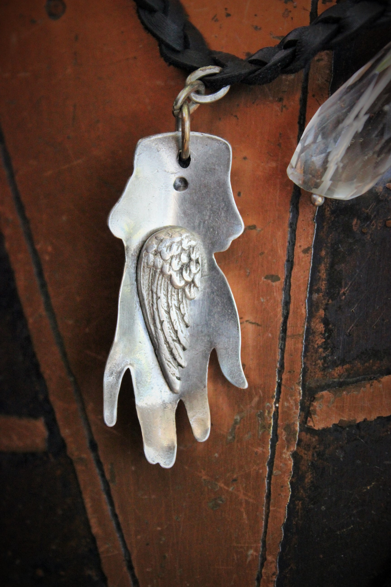 The Wound Necklace w/Long Soft Braided Suede Leather,Antique Sterling Oil/Prayer Vessel,Figural Hand,Bird,Sword + Faceted Rock Crystal