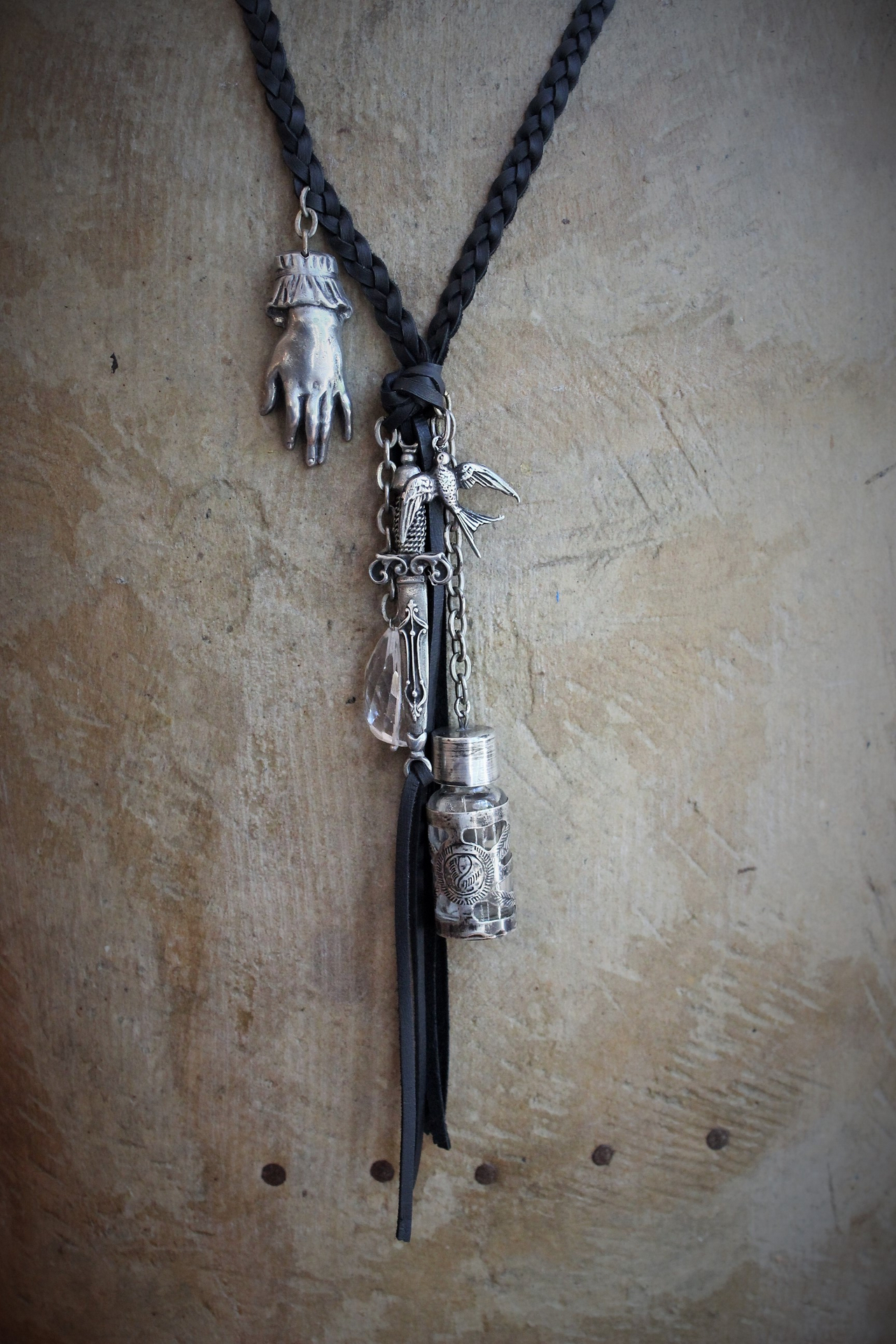 The Wound Necklace w/Long Soft Braided Suede Leather,Antique Sterling Oil/Prayer Vessel,Figural Hand,Bird,Sword + Faceted Rock Crystal