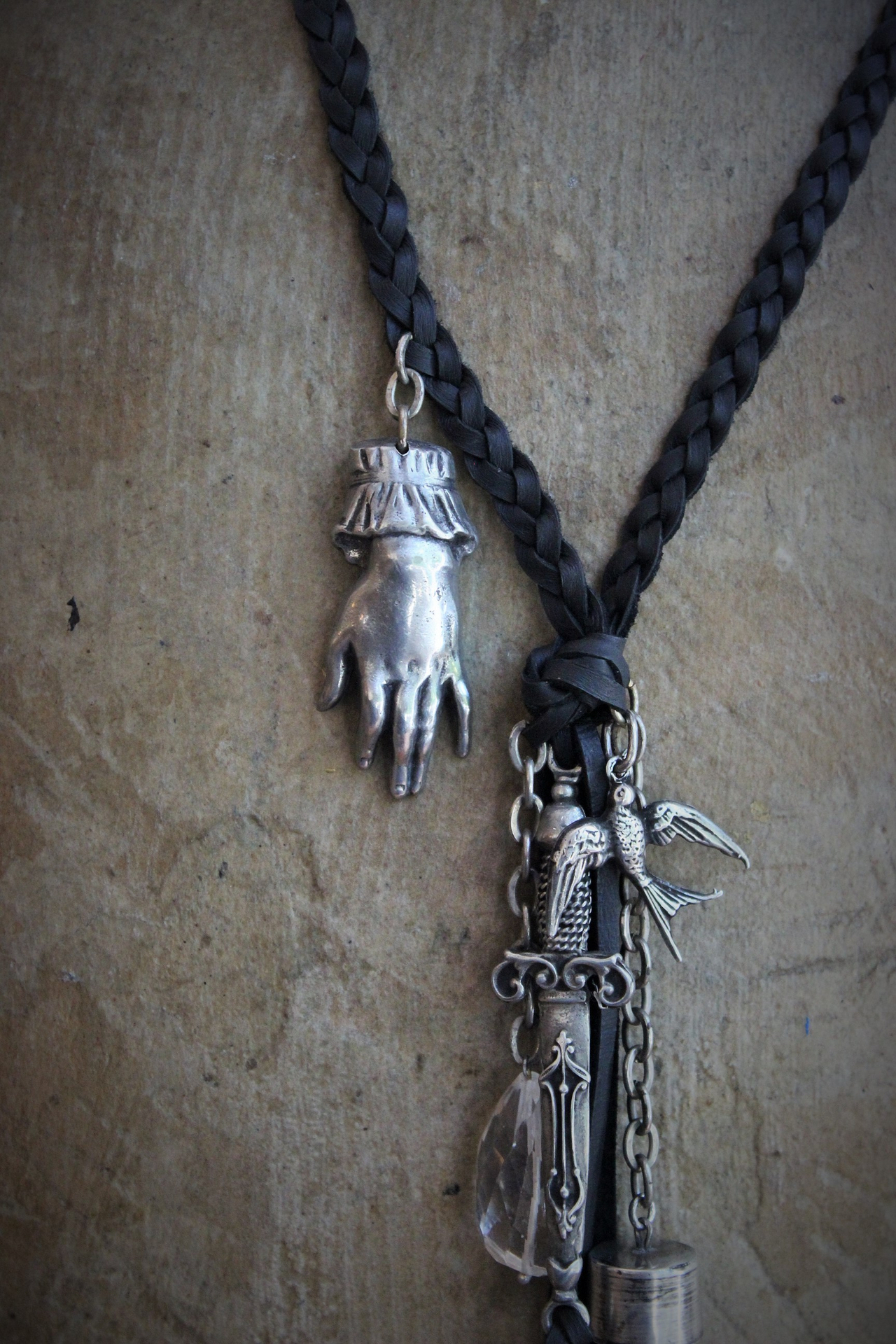 The Wound Necklace w/Long Soft Braided Suede Leather,Antique Sterling Oil/Prayer Vessel,Figural Hand,Bird,Sword + Faceted Rock Crystal
