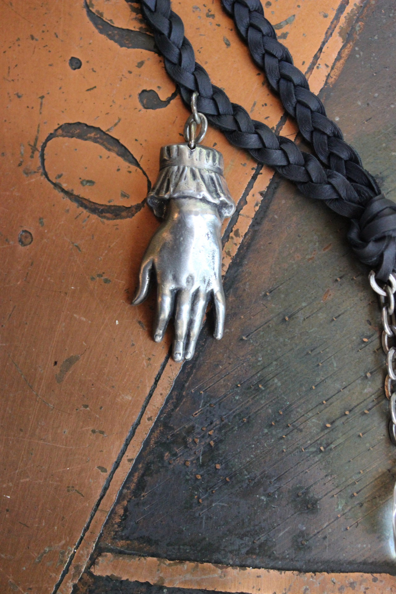 The Wound Necklace w/Long Soft Braided Suede Leather,Antique Sterling Oil/Prayer Vessel,Figural Hand,Bird,Sword + Faceted Rock Crystal
