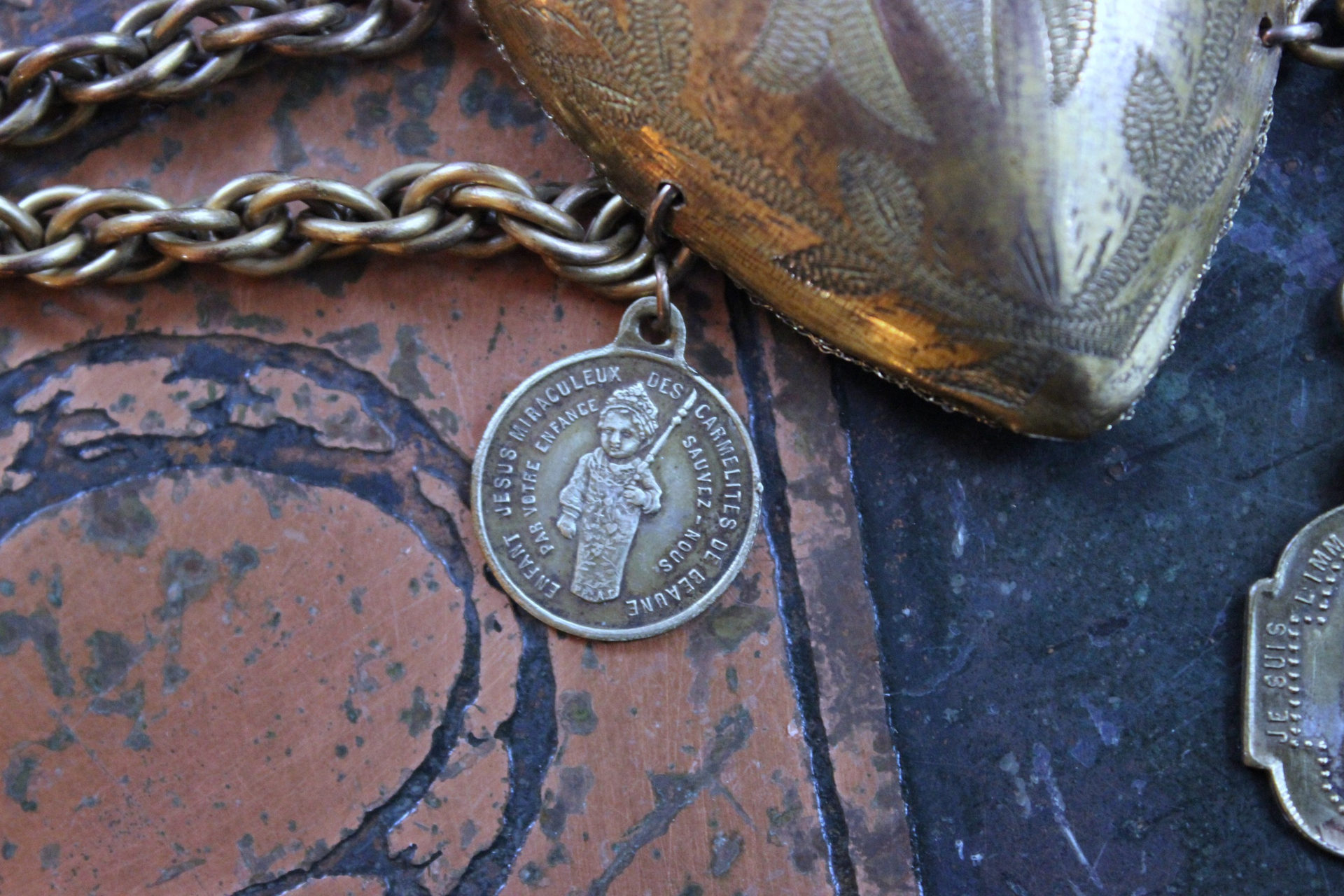 Antique French Engraved Ex Voto Heart Bracelet with Rare Antique French Medals,Bezel Set Faceted Crystal Connector,Antique Chain Tassel