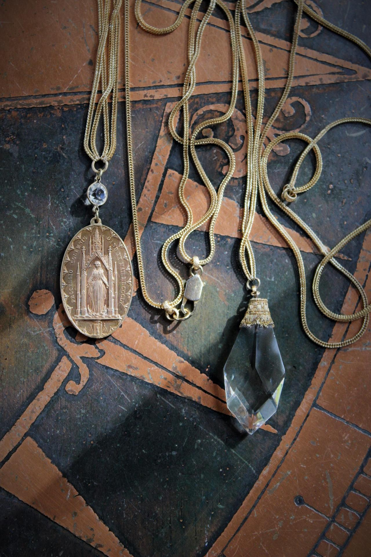 In the Folds of my Mantle Necklace Set  w/Amazing Antique French Marian Medal,Antique Faceted Glass Drop & Foxtail Chain