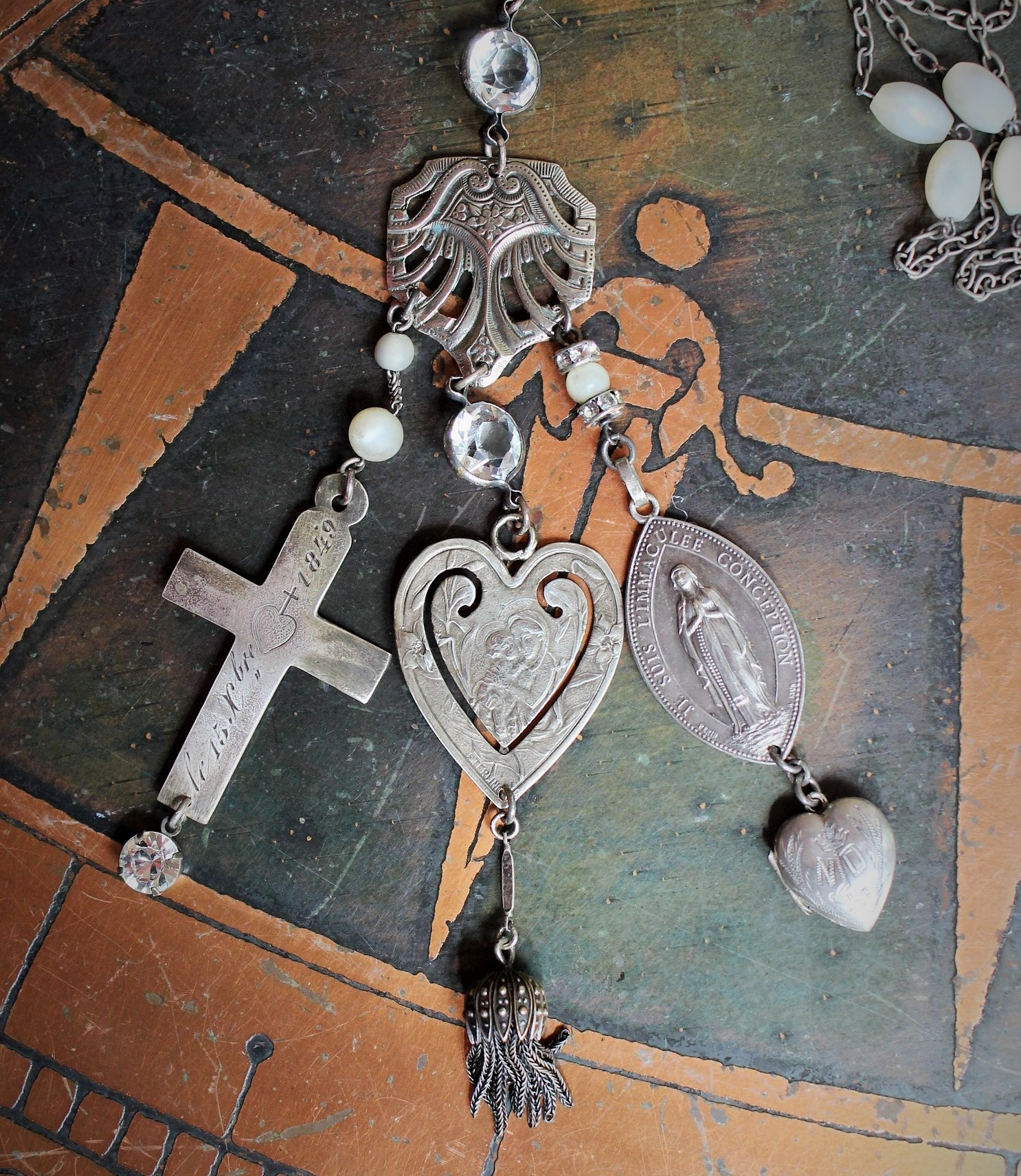  Our Mother Necklace w/RARE Tiny Sterling Ex Voto Locket,Sterling Mother's Heart Medal,Penin Marian Medal,Antique Sterling Nun's Cross
