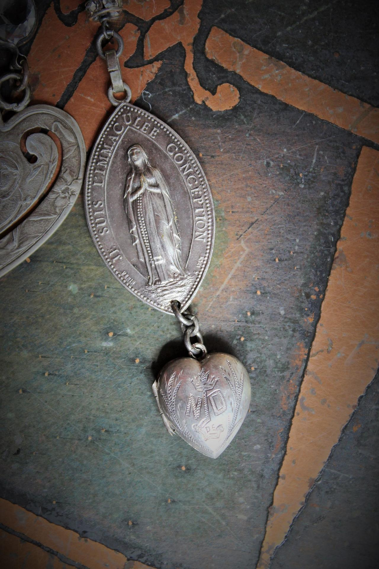  Our Mother Necklace w/RARE Tiny Sterling Ex Voto Locket,Sterling Mother's Heart Medal,Penin Marian Medal,Antique Sterling Nun's Cross