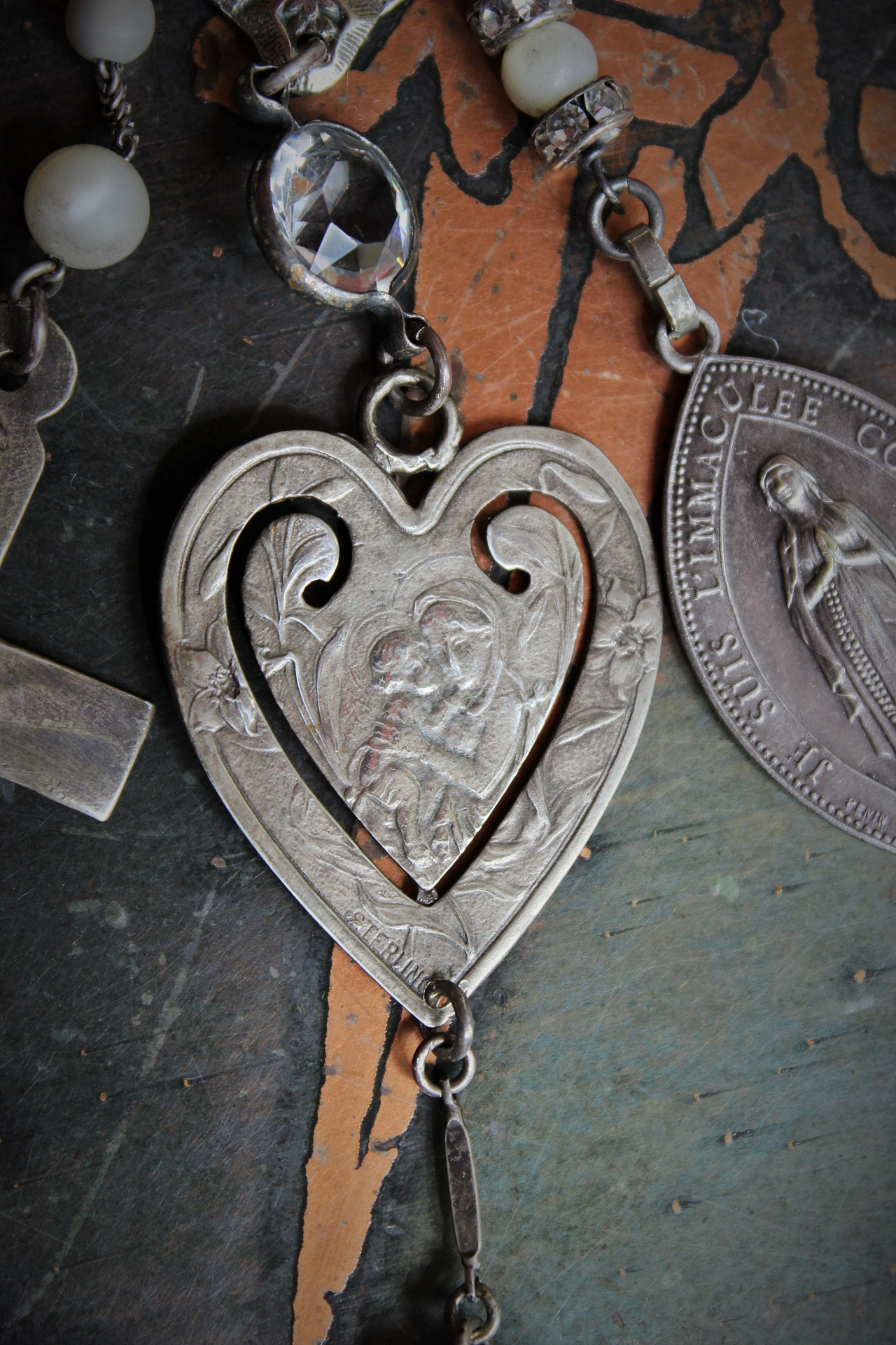  Our Mother Necklace w/RARE Tiny Sterling Ex Voto Locket,Sterling Mother's Heart Medal,Penin Marian Medal,Antique Sterling Nun's Cross