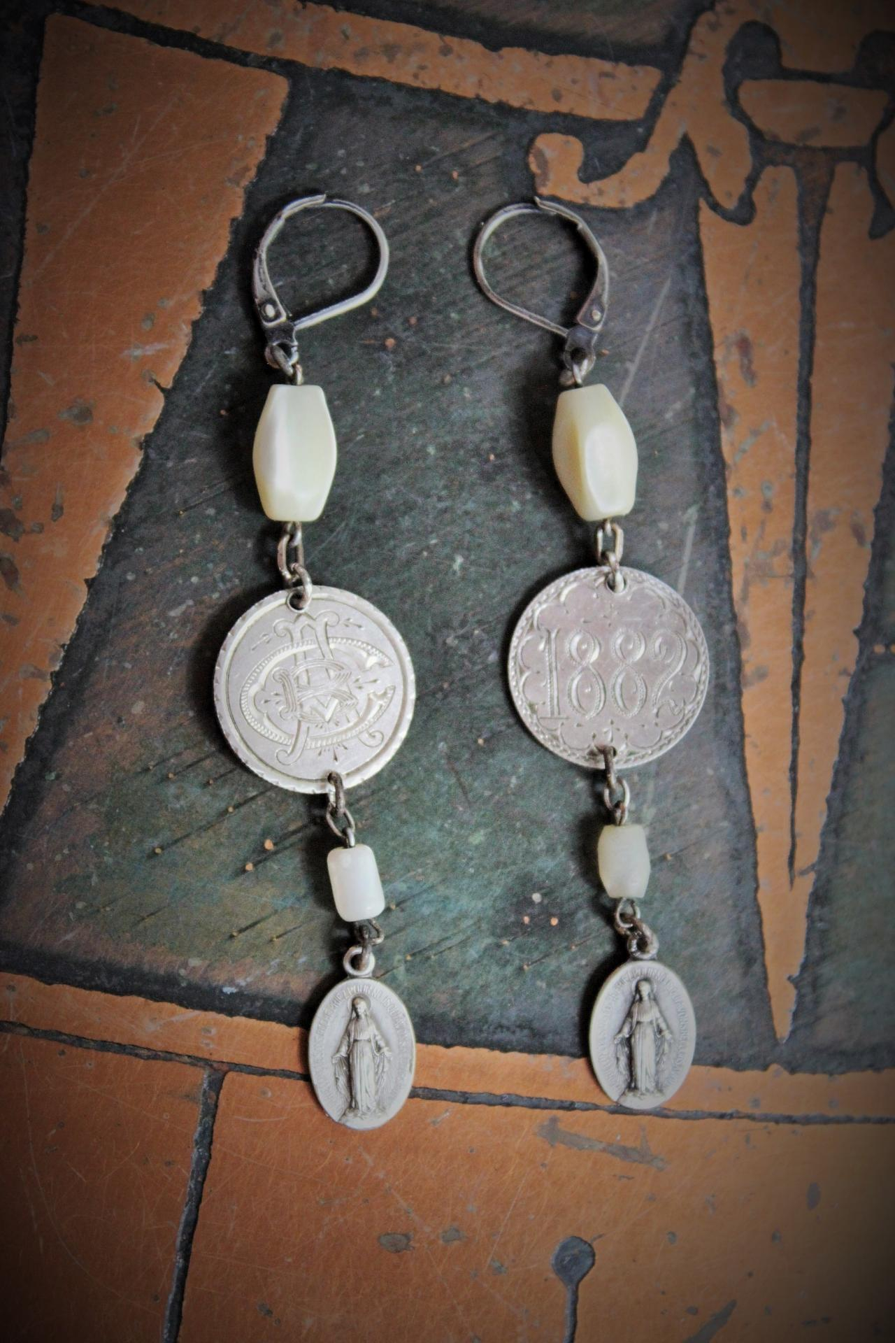 Antique Mercury Dime Love Token Earrings w/Antique French Marian Medals,Antique French Mother of Pearl Rosary Beads,Sterling Earring Wires