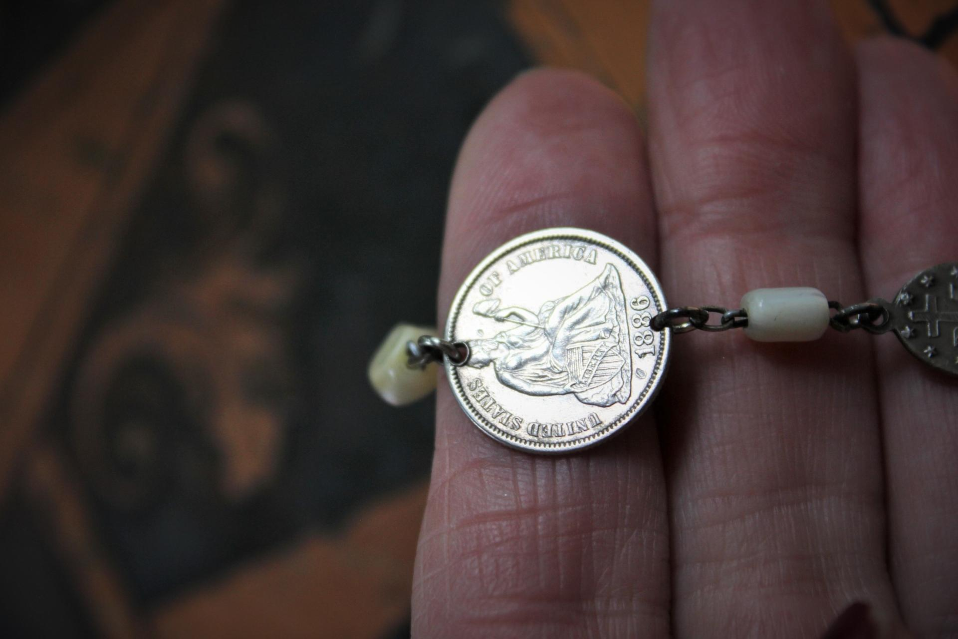 Antique Mercury Dime Love Token Earrings w/Antique French Marian Medals,Antique French Mother of Pearl Rosary Beads,Sterling Earring Wires