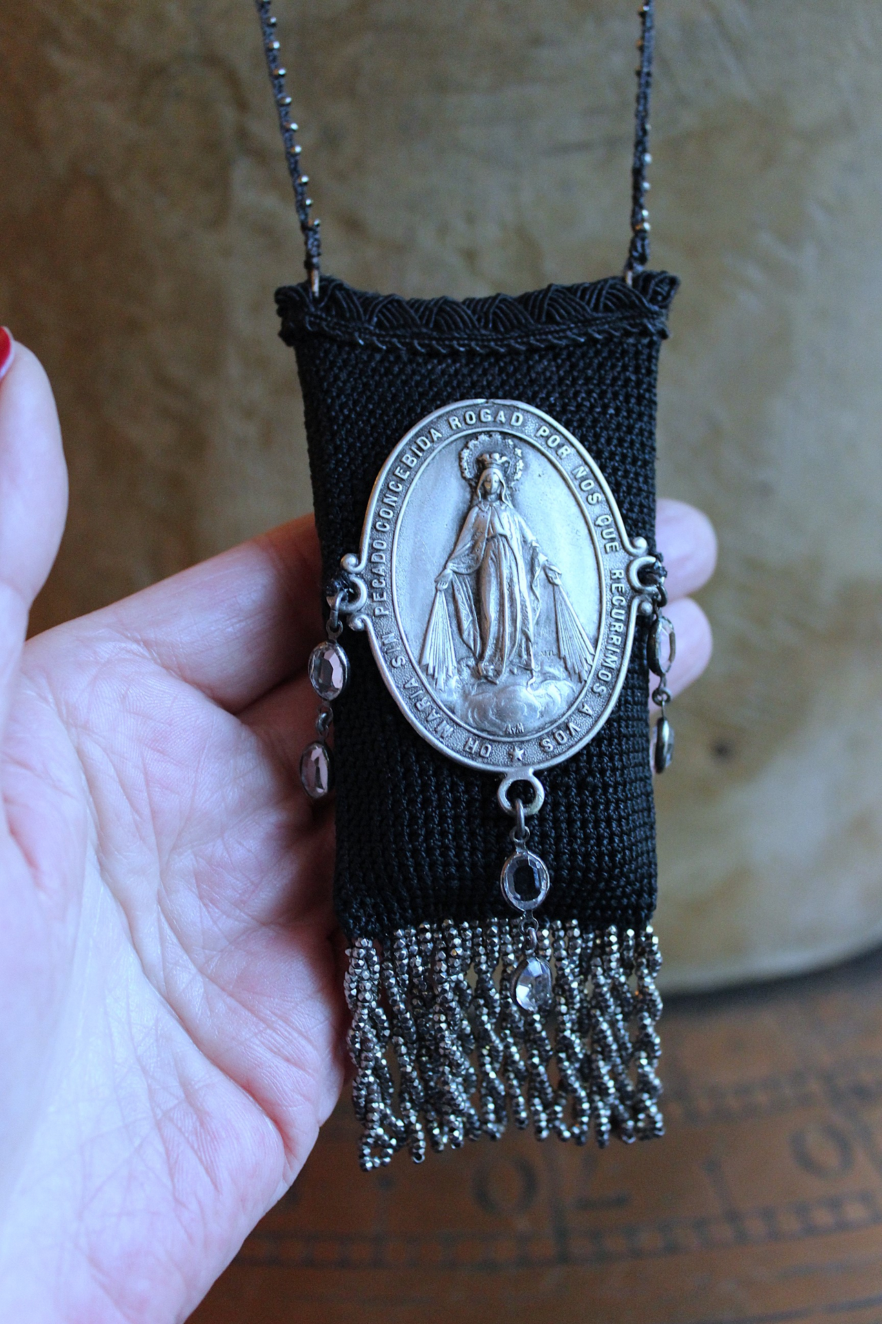 NEW! Antique Faceted Cut Steel Bead Blessing Bag Necklace with RARE Antique 1901 Bryce & Son Miniature Old & New Testament Bible w/Magnifying Case