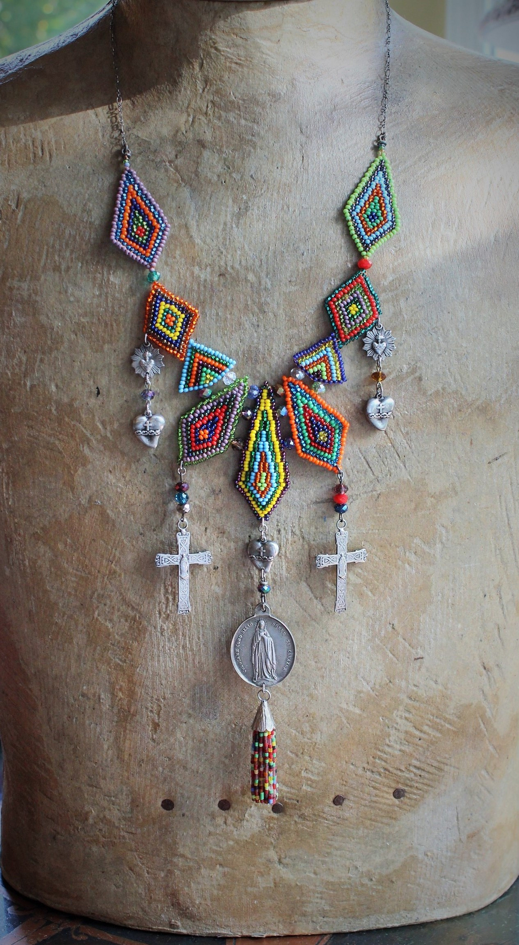 If you Knew Necklace w/Hand Loomed Seed Bead Findings,Vintage French Marian Medal,Crosses,Sacred Hearts,Seed Bead Tassel,Sterling Link Chain