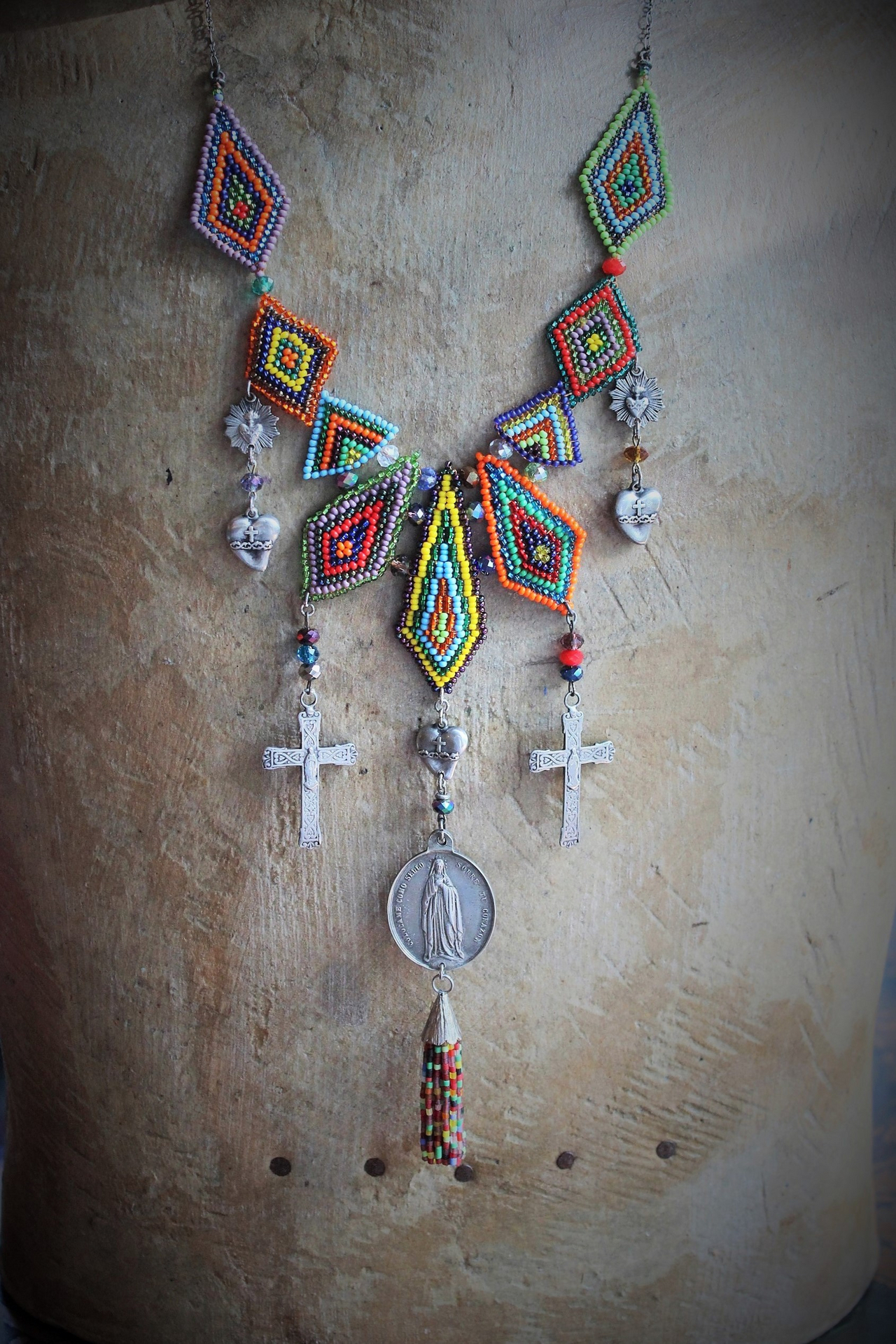 If you Knew Necklace w/Hand Loomed Seed Bead Findings,Vintage French Marian Medal,Crosses,Sacred Hearts,Seed Bead Tassel,Sterling Link Chain