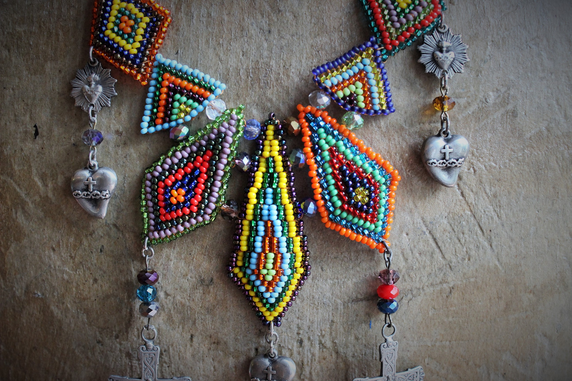 If you Knew Necklace w/Hand Loomed Seed Bead Findings,Vintage French Marian Medal,Crosses,Sacred Hearts,Seed Bead Tassel,Sterling Link Chain