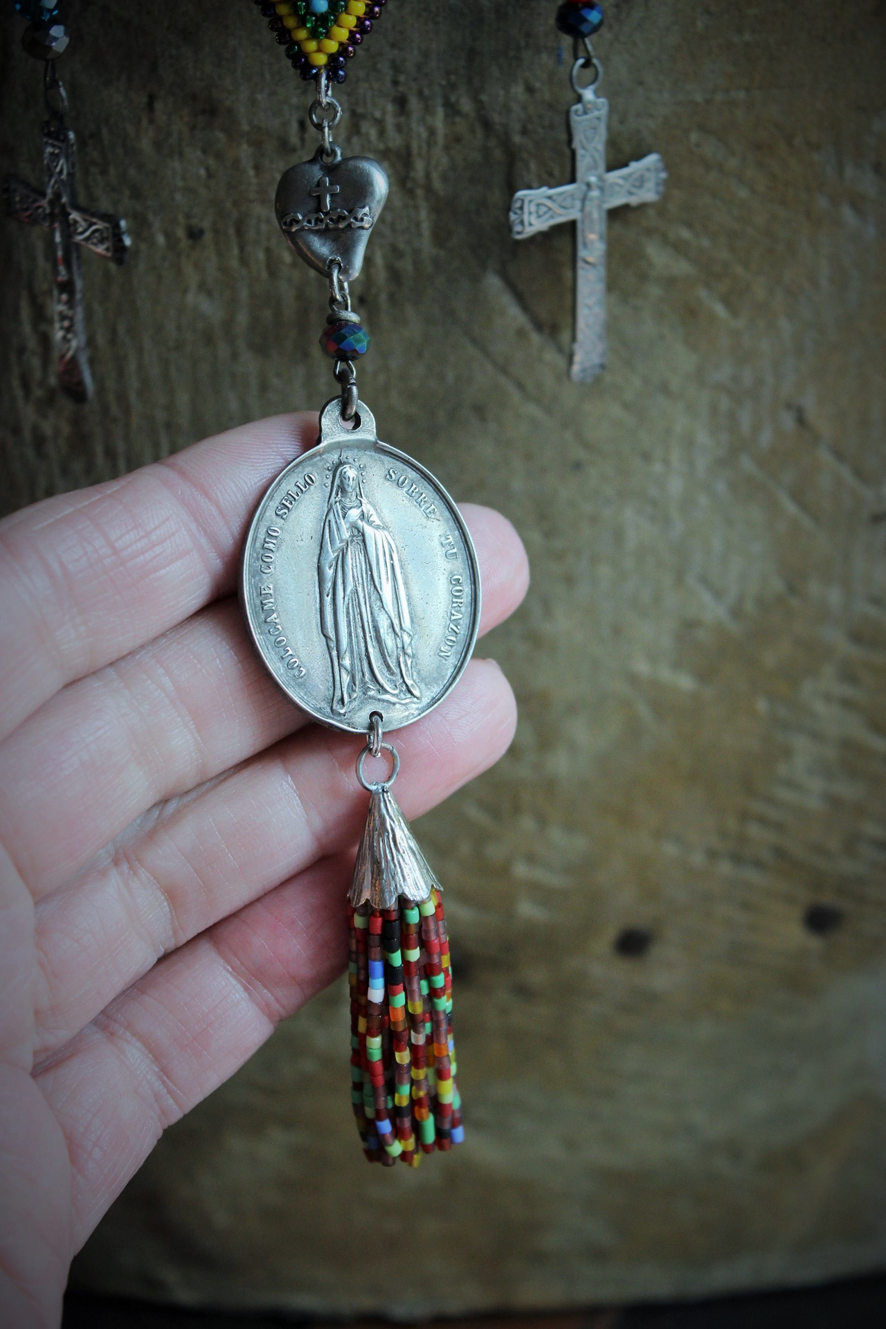 If you Knew Necklace w/Hand Loomed Seed Bead Findings,Vintage French Marian Medal,Crosses,Sacred Hearts,Seed Bead Tassel,Sterling Link Chain