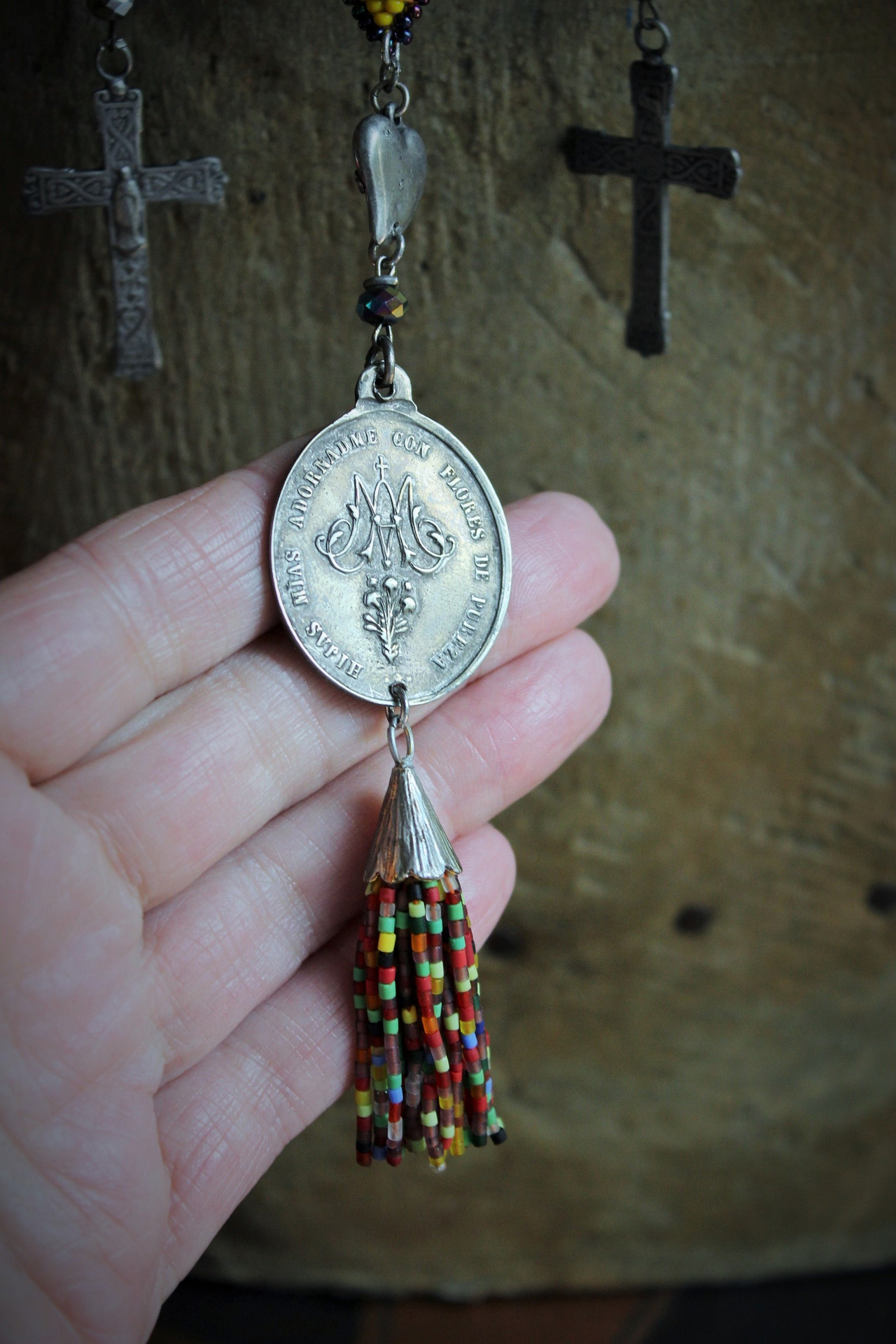 If you Knew Necklace w/Hand Loomed Seed Bead Findings,Vintage French Marian Medal,Crosses,Sacred Hearts,Seed Bead Tassel,Sterling Link Chain