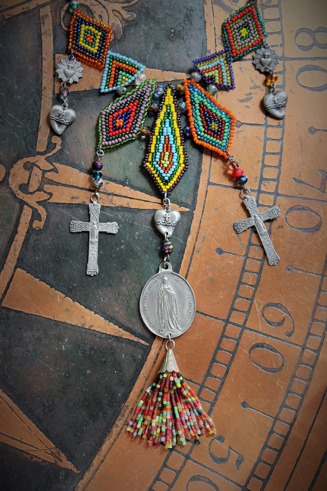 If you Knew Necklace w/Hand Loomed Seed Bead Findings,Vintage French Marian Medal,Crosses,Sacred Hearts,Seed Bead Tassel,Sterling Link Chain