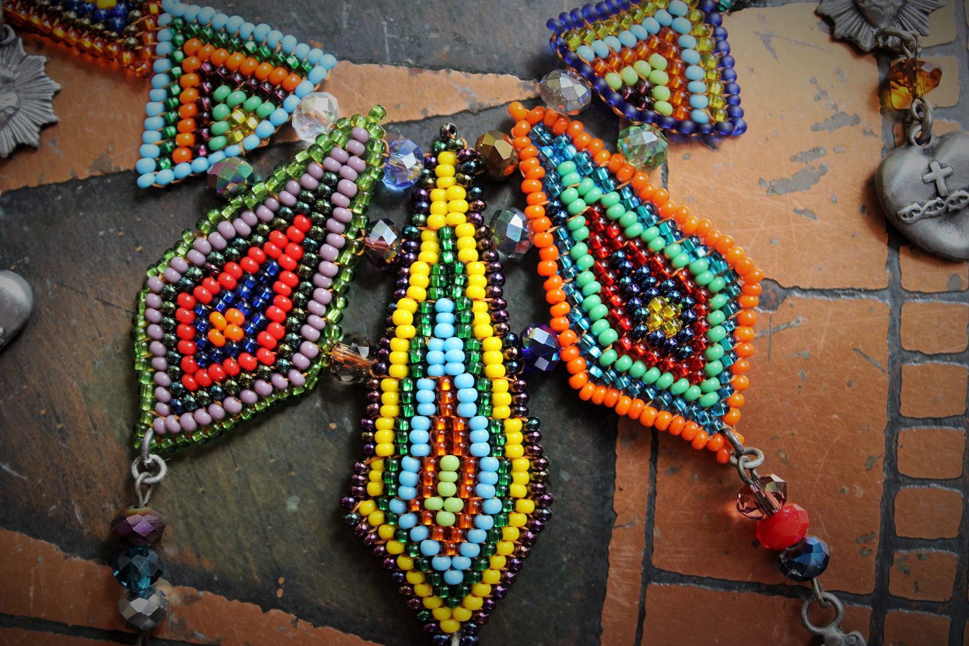 If you Knew Necklace w/Hand Loomed Seed Bead Findings,Vintage French Marian Medal,Crosses,Sacred Hearts,Seed Bead Tassel,Sterling Link Chain