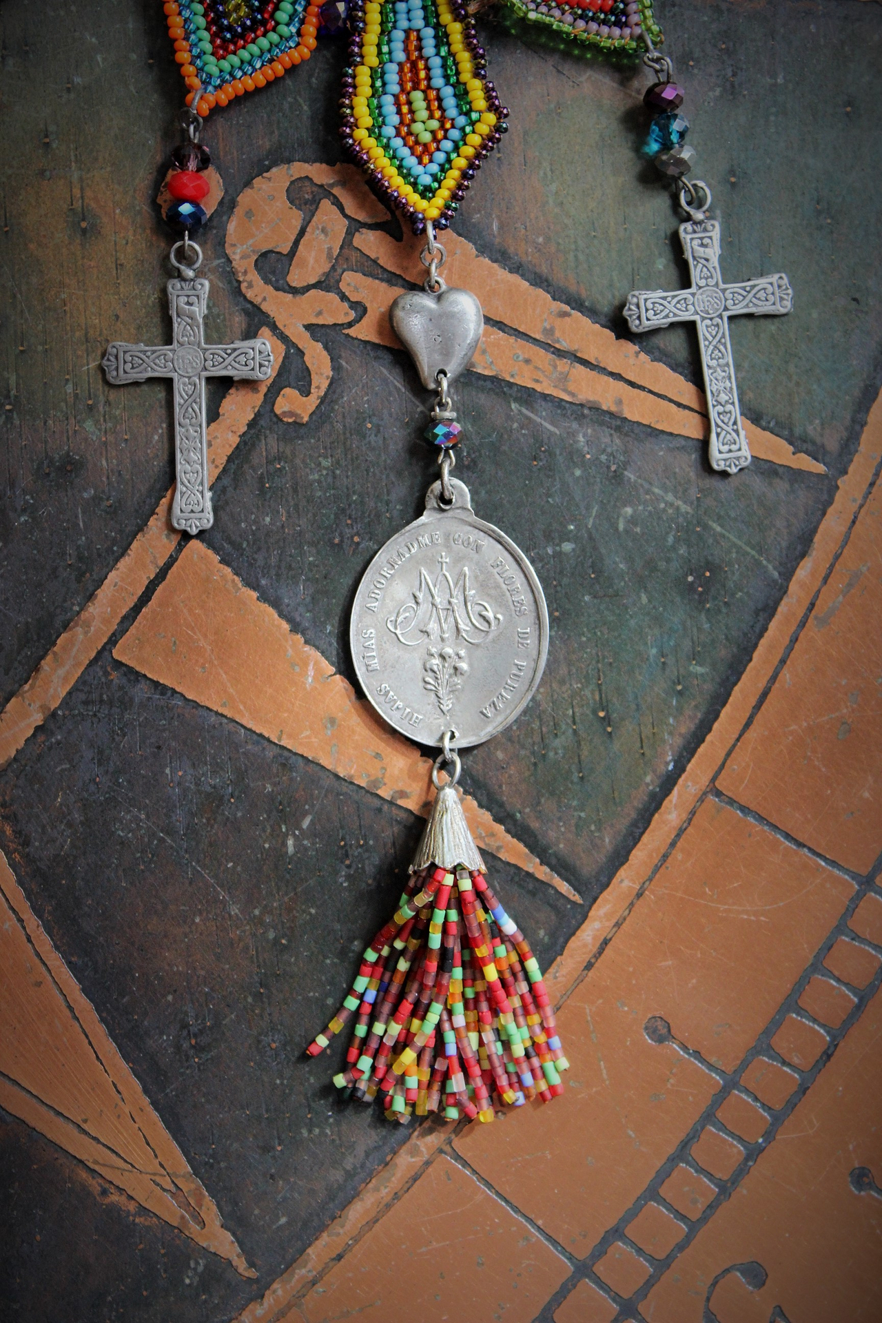 If you Knew Necklace w/Hand Loomed Seed Bead Findings,Vintage French Marian Medal,Crosses,Sacred Hearts,Seed Bead Tassel,Sterling Link Chain