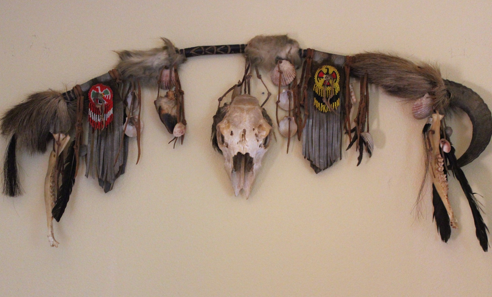 NEW! Authentic Native American Animal Spirit Wall Piece with Ram Skull,Jaw,Horn and Hoof, Beaded Findings, Shells, Leather and Carved Wood